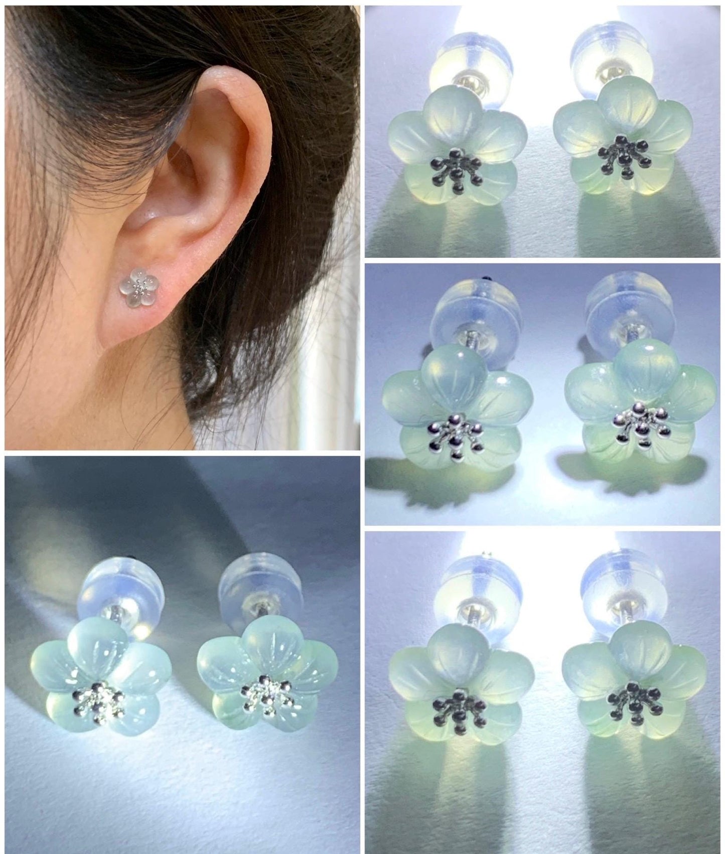Certified Natural Grade A Icy Highly Translucent Pastel Green Jadeite Cherry Blossom Stud Earrings 18K White Gold 1.2g