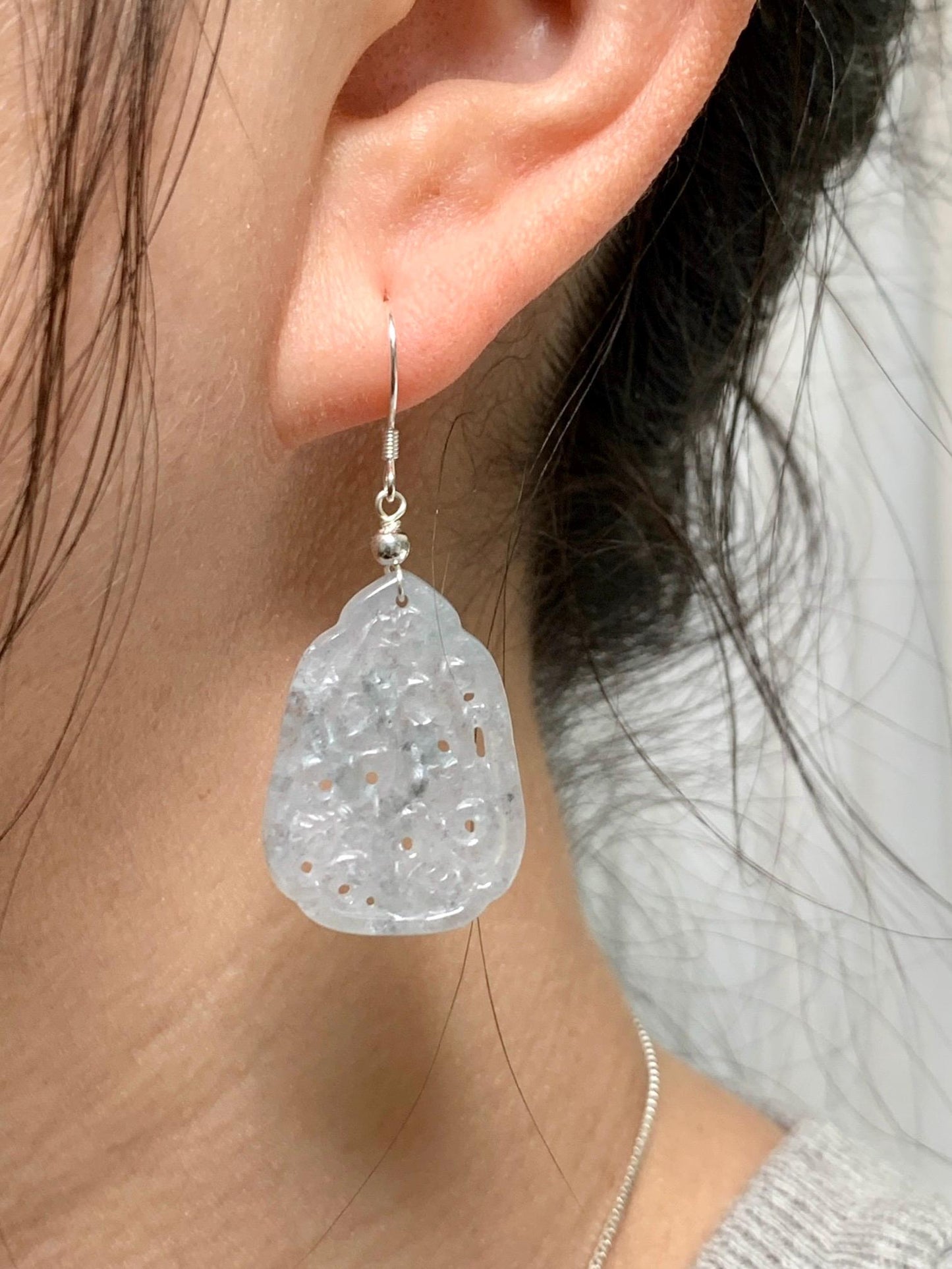 Natural Grade A Icy Translucent Light Wuji Jadeite Openwork Engraved Dangle Earrings Sterling Silver
