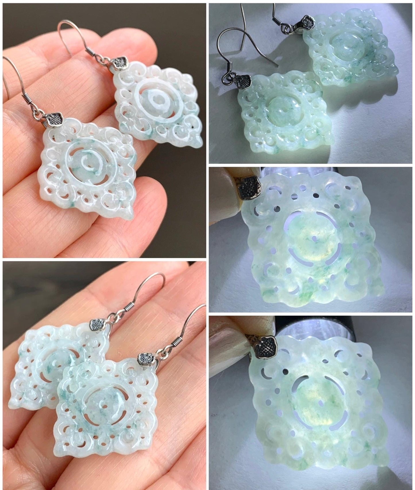 Natural Grade A Icy Translucent White Teal Green Marbled Jadeite Openwork Engraved Dangle Earrings Sterling Silver 天然白冰胶飘花翡翠仿古镂空雕银耳钩 D