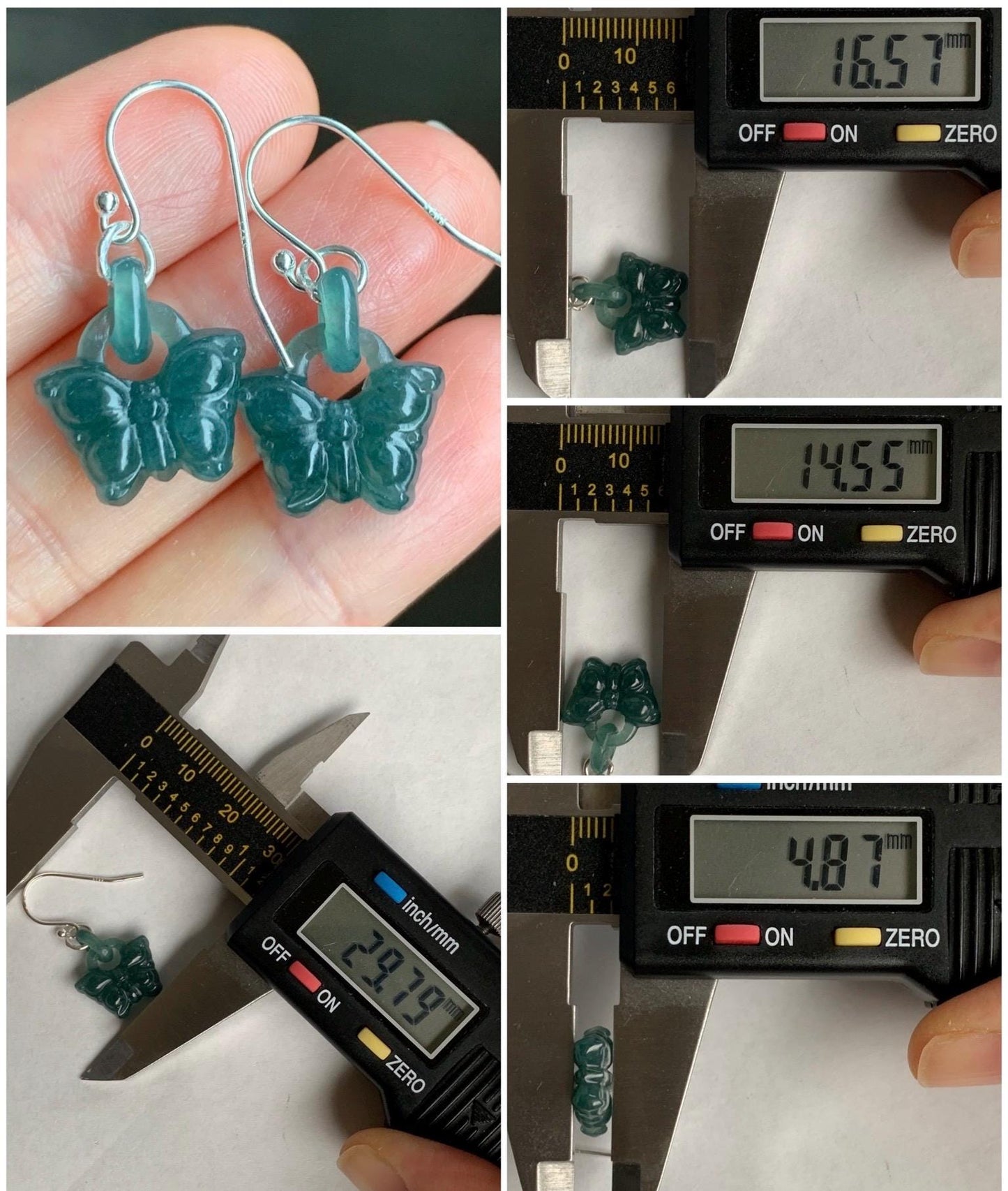 Natural Guatemalan Icy Translucent Dark Teal Blue Jadeite Butterfly w/ Interlocking Rings Dangle Earrings Sterling Silver 天然冰危湖水蓝翡翠蝴蝶环环相扣银耳钩