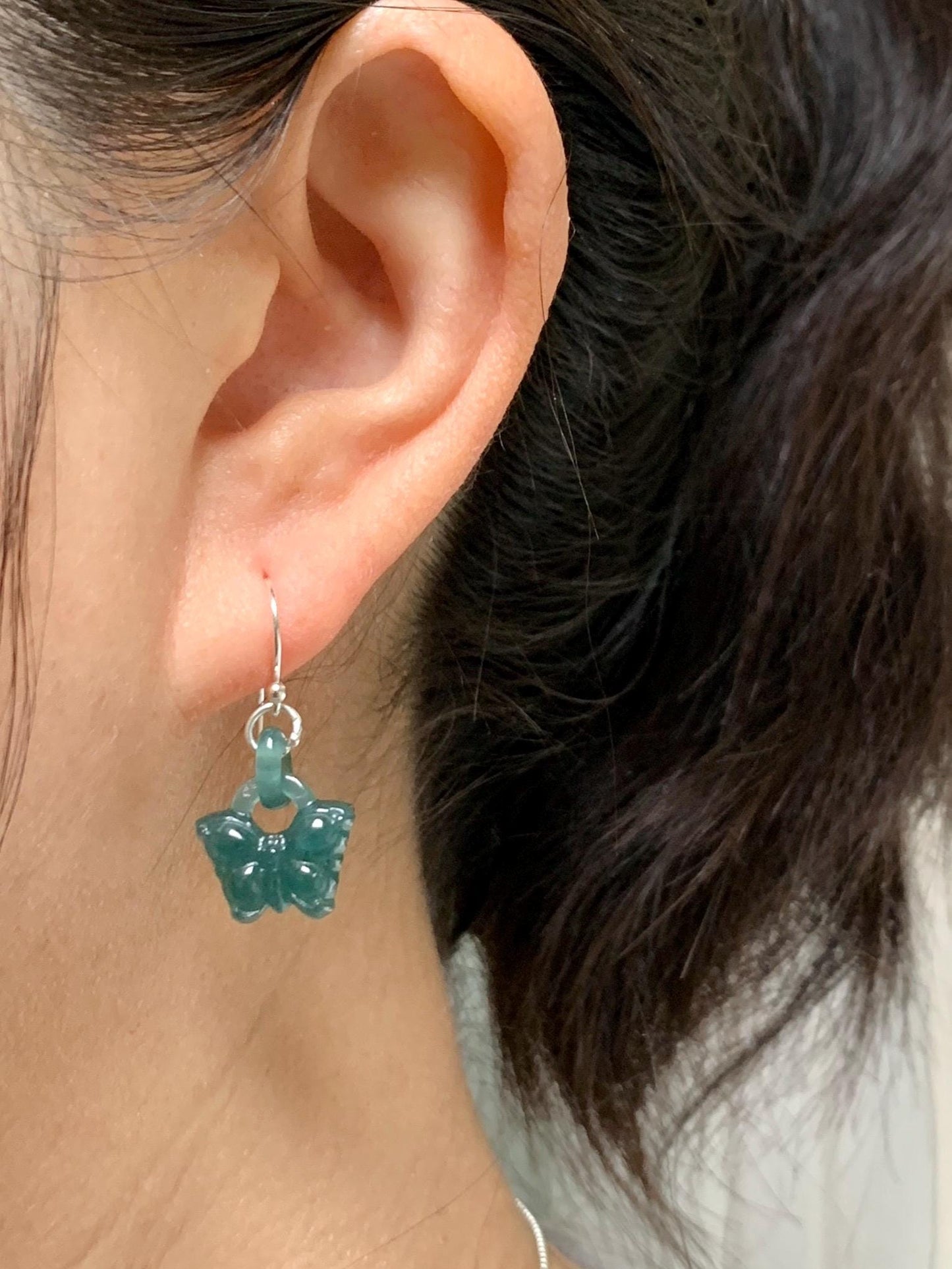 Natural Guatemalan Icy Translucent Dark Teal Blue Jadeite Butterfly w/ Interlocking Rings Dangle Earrings Sterling Silver
