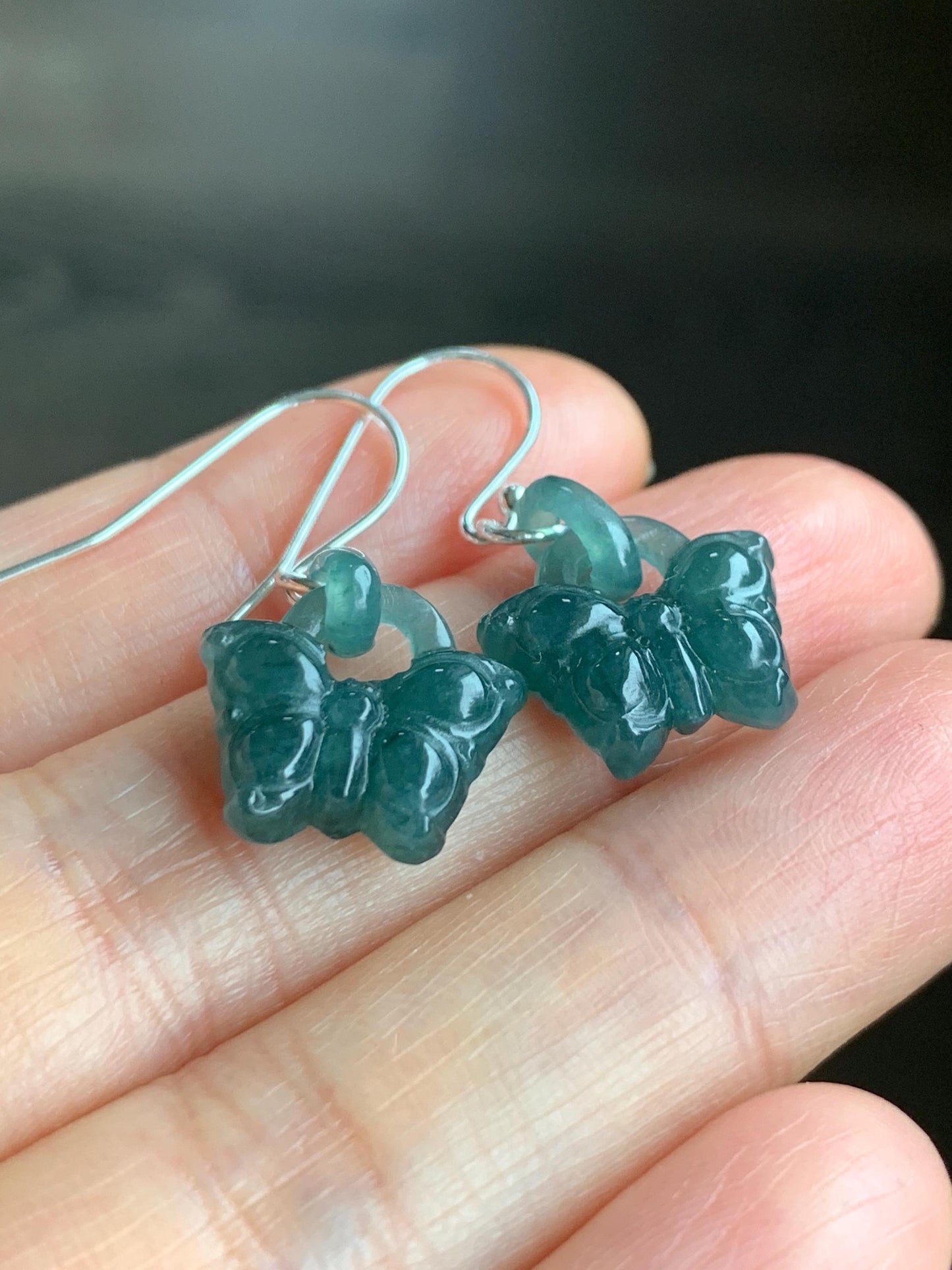 Natural Guatemalan Icy Translucent Dark Teal Blue Jadeite Butterfly w/ Interlocking Rings Dangle Earrings Sterling Silver