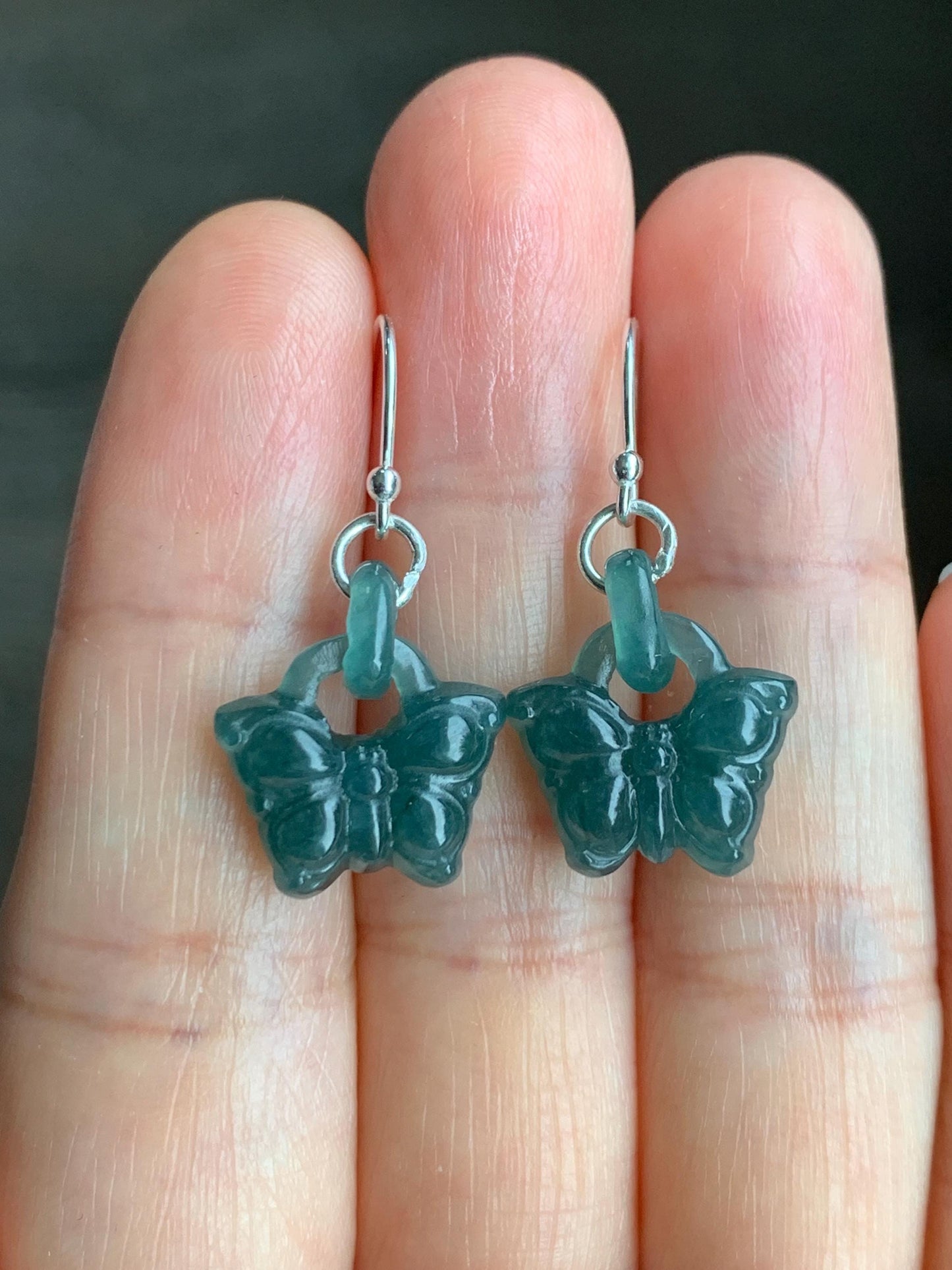 Natural Guatemalan Icy Translucent Dark Teal Blue Jadeite Butterfly w/ Interlocking Rings Dangle Earrings Sterling Silver