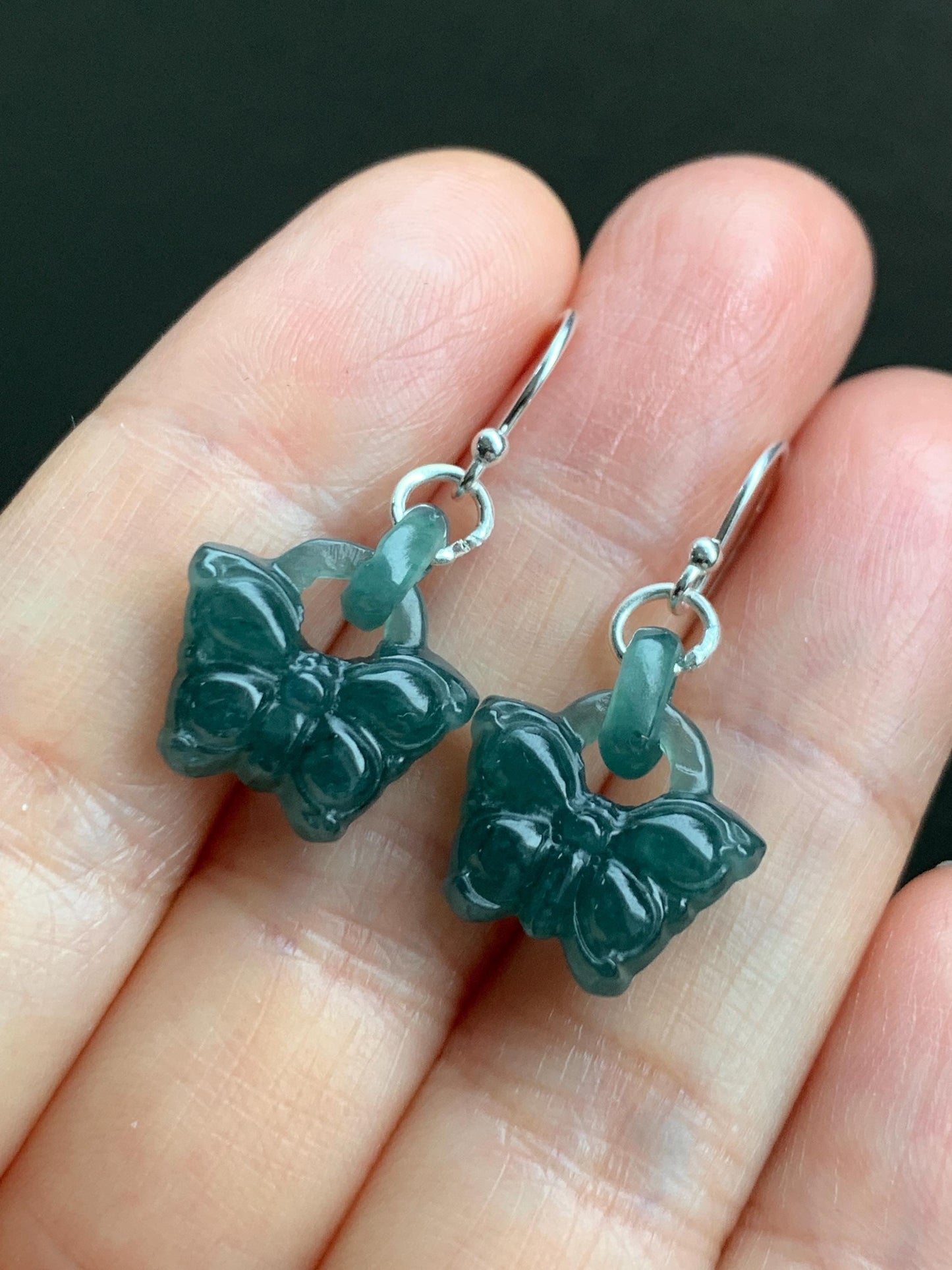 Natural Guatemalan Icy Translucent Dark Teal Blue Jadeite Butterfly w/ Interlocking Rings Dangle Earrings Sterling Silver