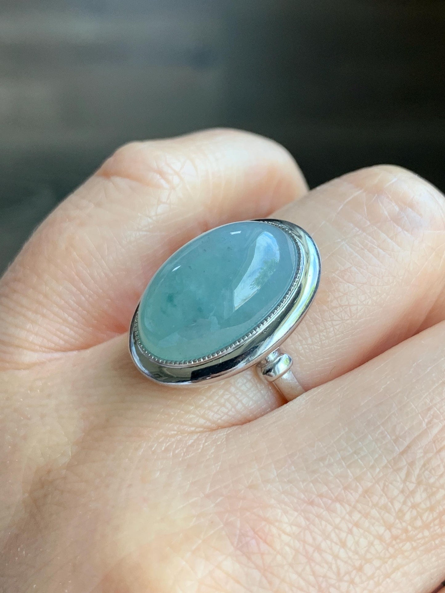 Certified Natural Grade A Icy Translucent Light Blue Jadeite Large Oval Ring Sterling Silver size 7.25 US
