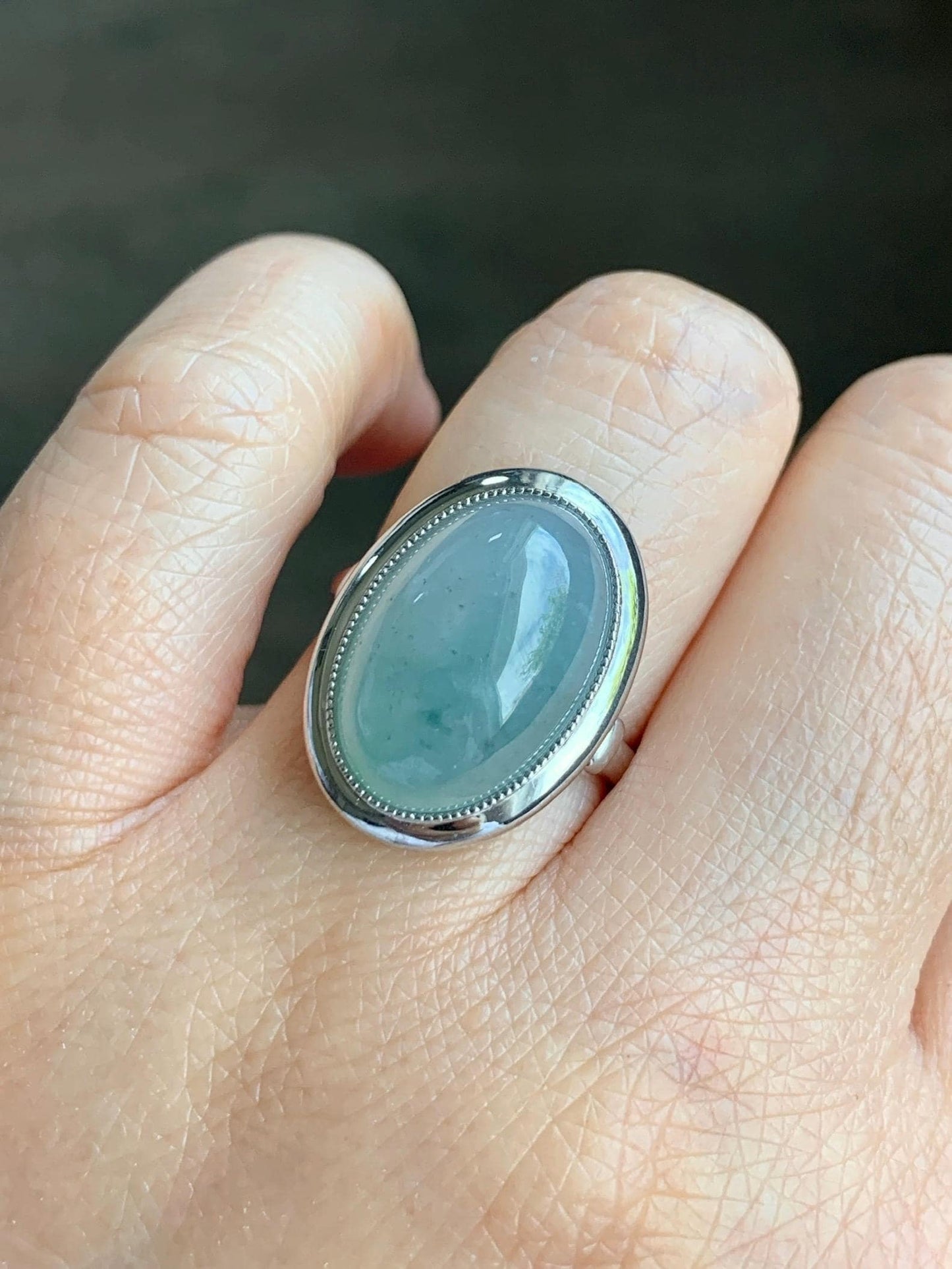 Certified Natural Grade A Icy Translucent Light Blue Jadeite Large Oval Ring Sterling Silver size 7.25 US