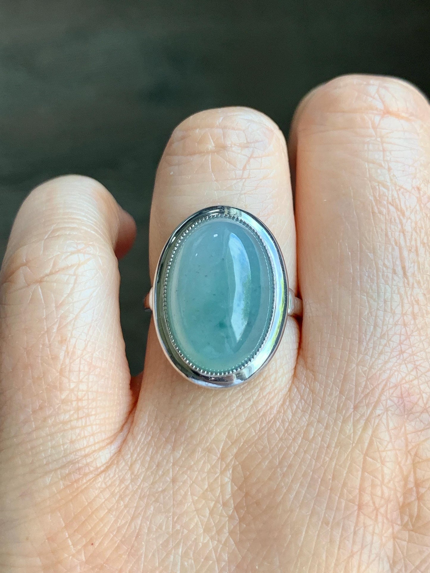 Certified Natural Grade A Icy Translucent Light Blue Jadeite Large Oval Ring Sterling Silver size 7.25 US