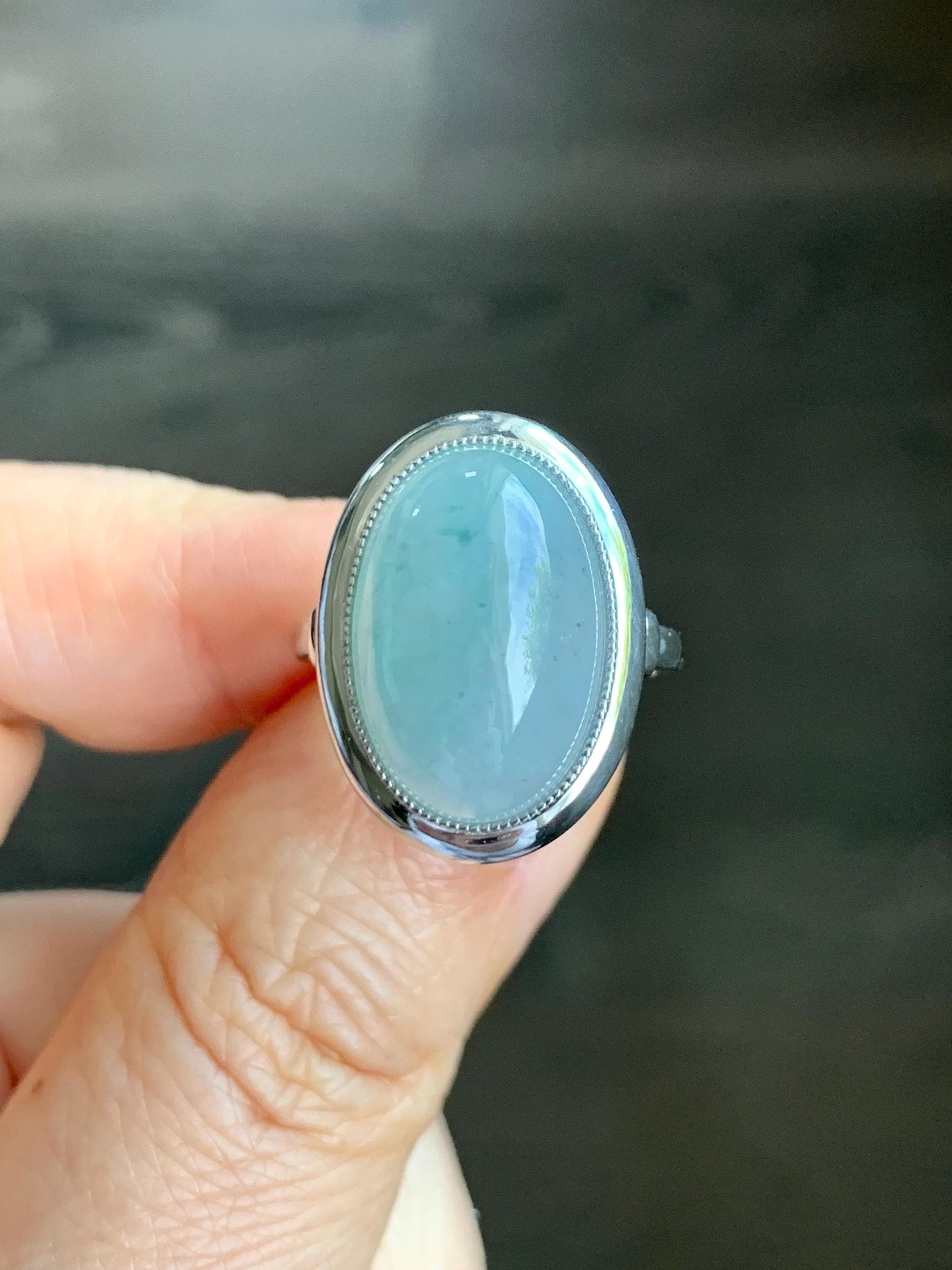 Certified Natural Grade A Icy Translucent Light Blue Jadeite Large Oval Ring Sterling Silver size 7.25 US