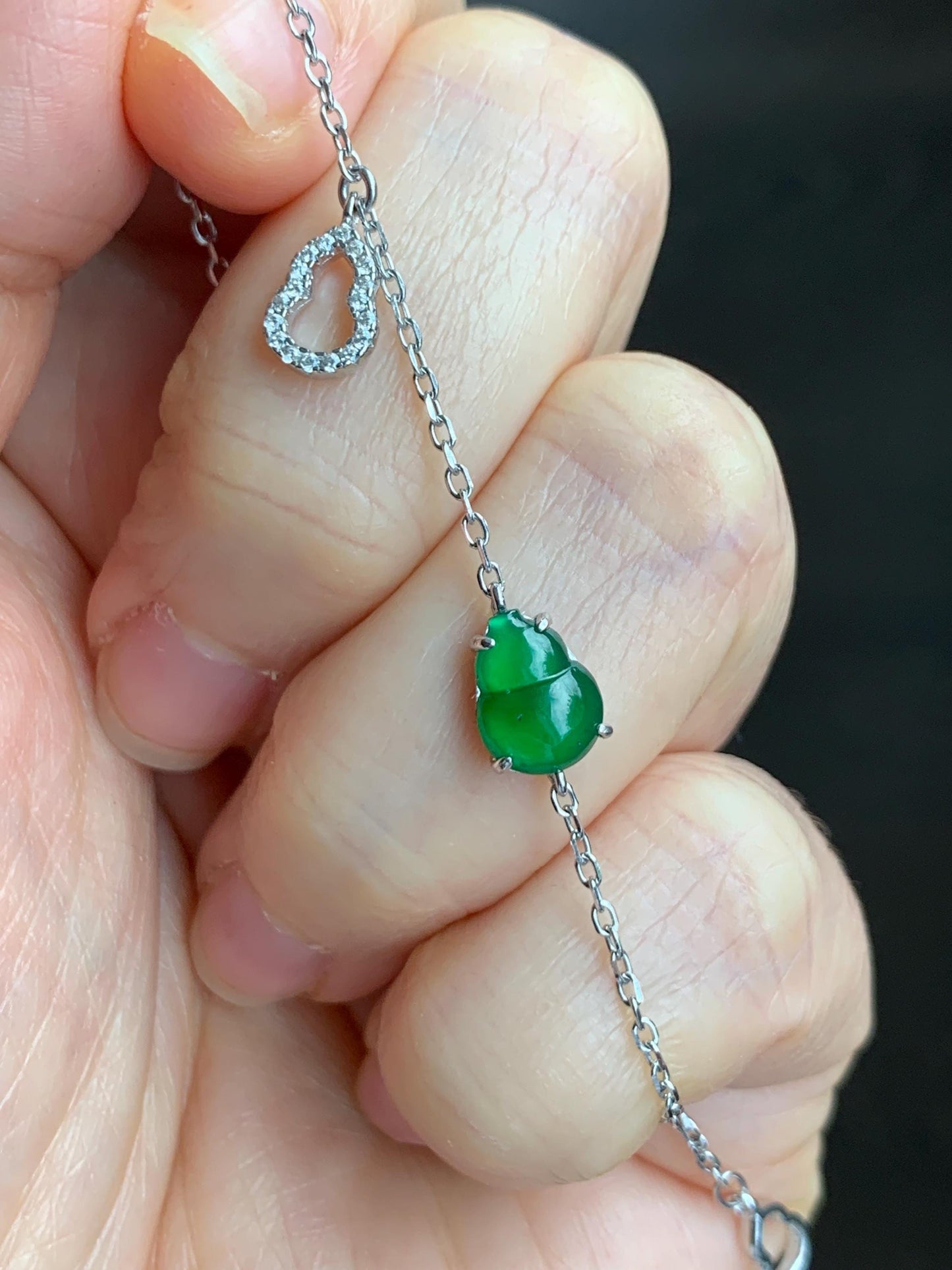 Natural Grade A Guatemalan Icy Translucent Vibrant Green Gourd Hulu Jadeite & Charm Chain Bracelet Sterling Silver 7.25" 天然冰危绿翡翠葫芦银手链
