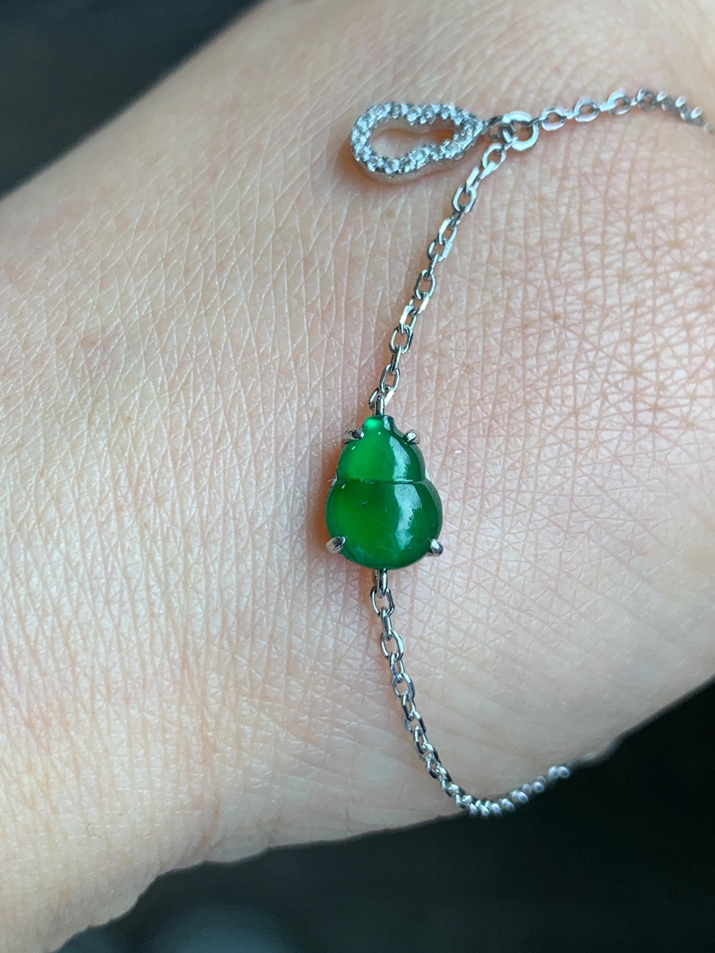 Natural Grade A Guatemalan Icy Translucent Vibrant Green Gourd Hulu Jadeite & Charm Chain Bracelet Sterling Silver 7.25" 天然冰危绿翡翠葫芦银手链