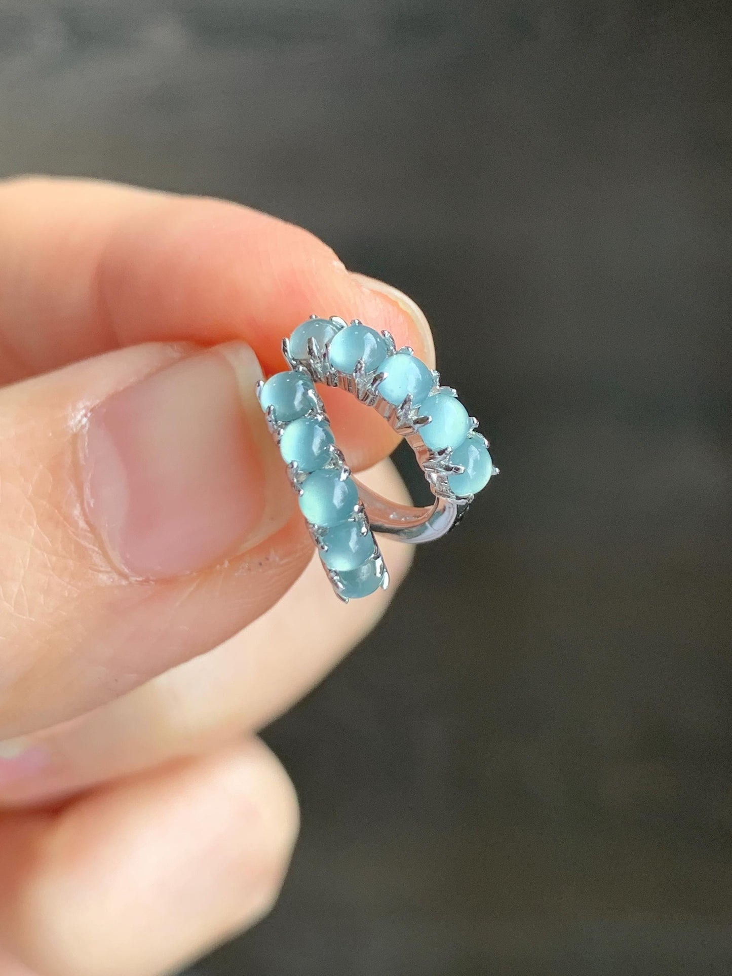 Natural Guatemalan Grade A Icy Highly Translucent Light Blue Jadeite Hoop Huggie Earrings Sterling Silver 天然冰危淡蓝起光翡翠银镶耳包 LEB160