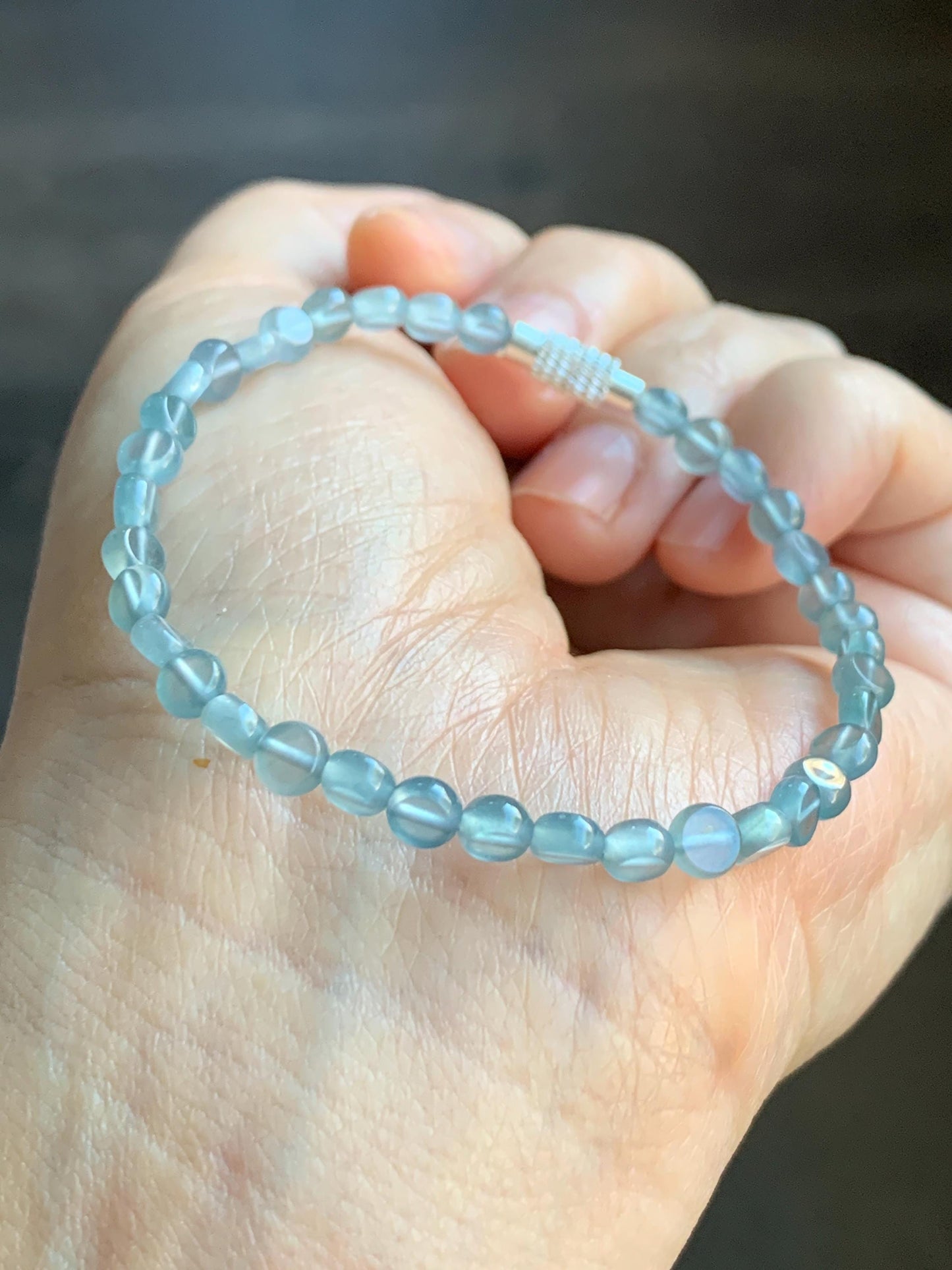Natural Guatemalan Premium Icy Highly Translucent Pale Blue Jadeite Petite Coin Beads Beaded Bracelet 6.75” 4.5mm 4g 天然高冰危淡蓝翡翠小圆饼珠手串