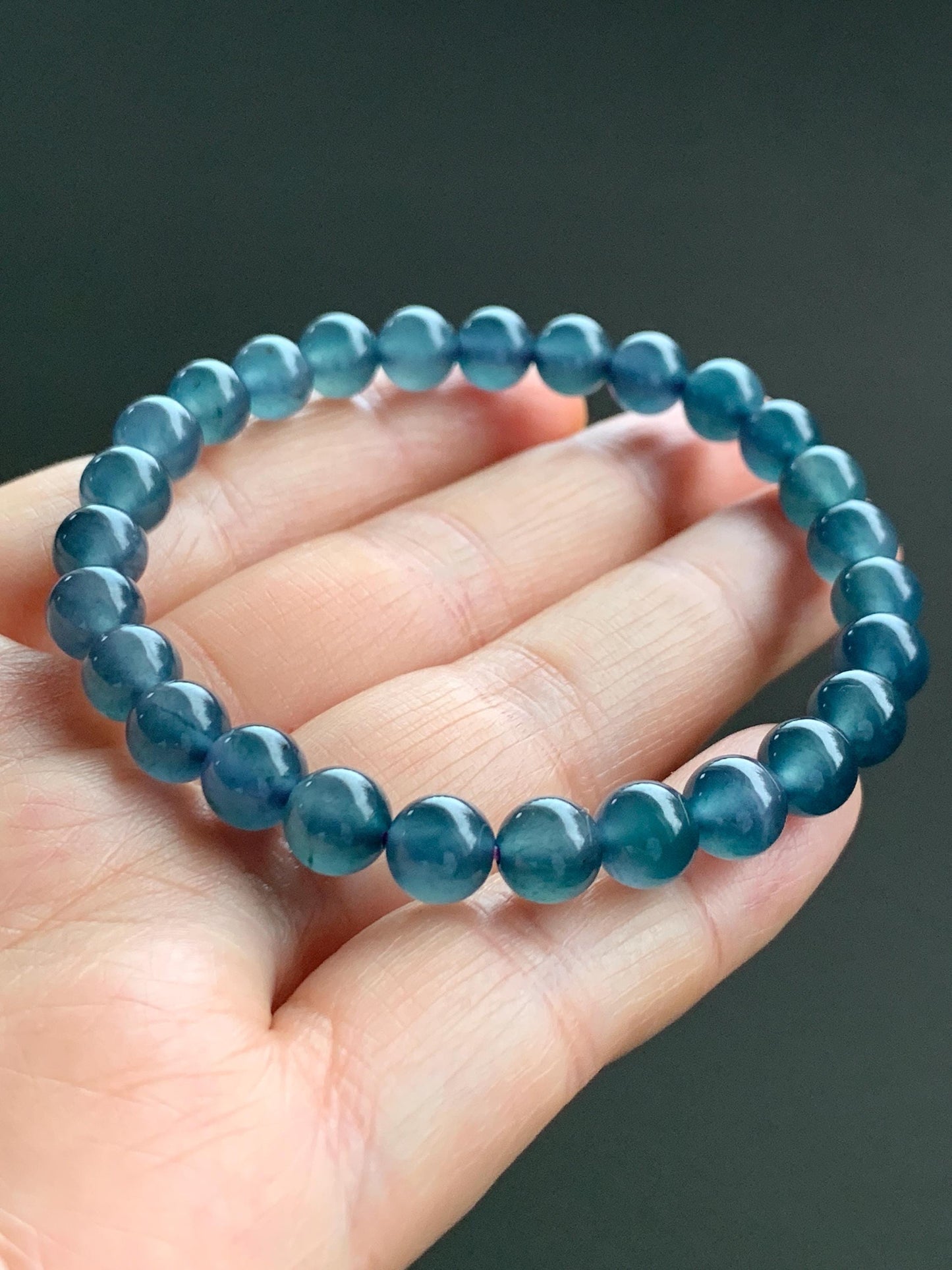 Natural Grade A Guatemalan Icy Highly Translucent Gelatinous Aegean Blue Jadeite Beaded Bracelet w/ Whale Tail Charm 6.8mm 6.75"
