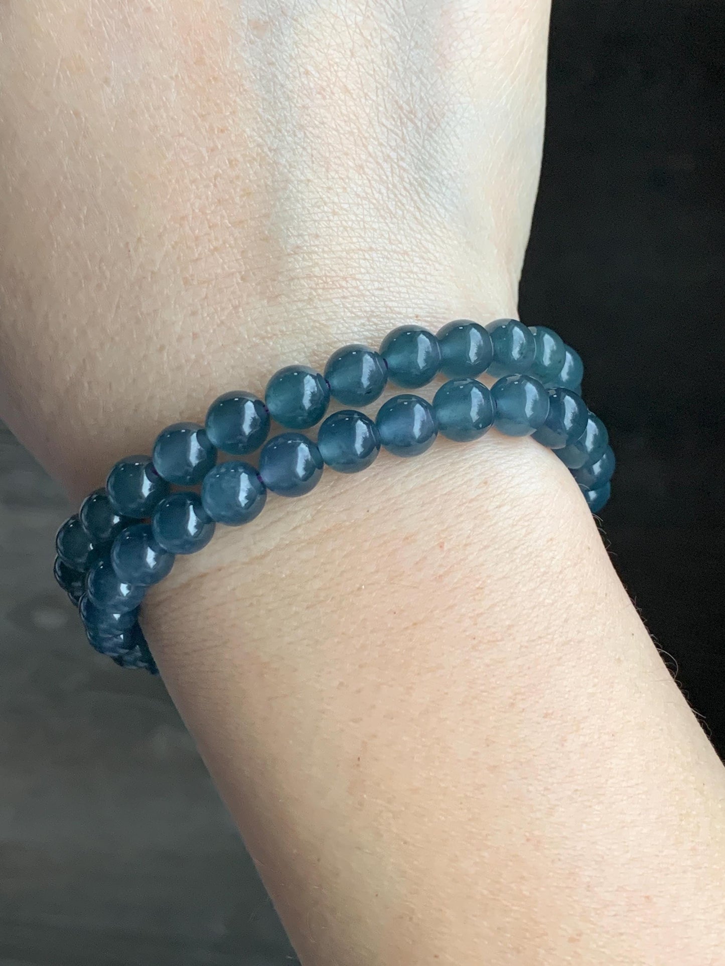 Natural Grade A Guatemalan Icy Highly Translucent Gelatinous Aegean Blue Jadeite Beaded Bracelet w/ Whale Tail Charm 6.8mm 6.75"