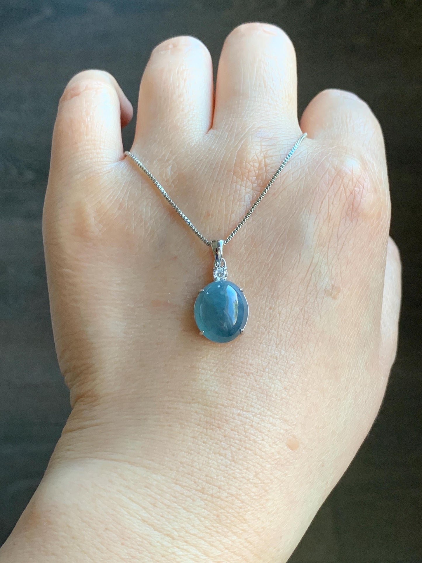 Natural Grade A Guatemalan Icy Translucent Dark Blue Jadeite Oval Cabochon Solitaire Pendant Sterling Silver 天然冰危蓝翡翠蛋面银镶吊坠 WLD88