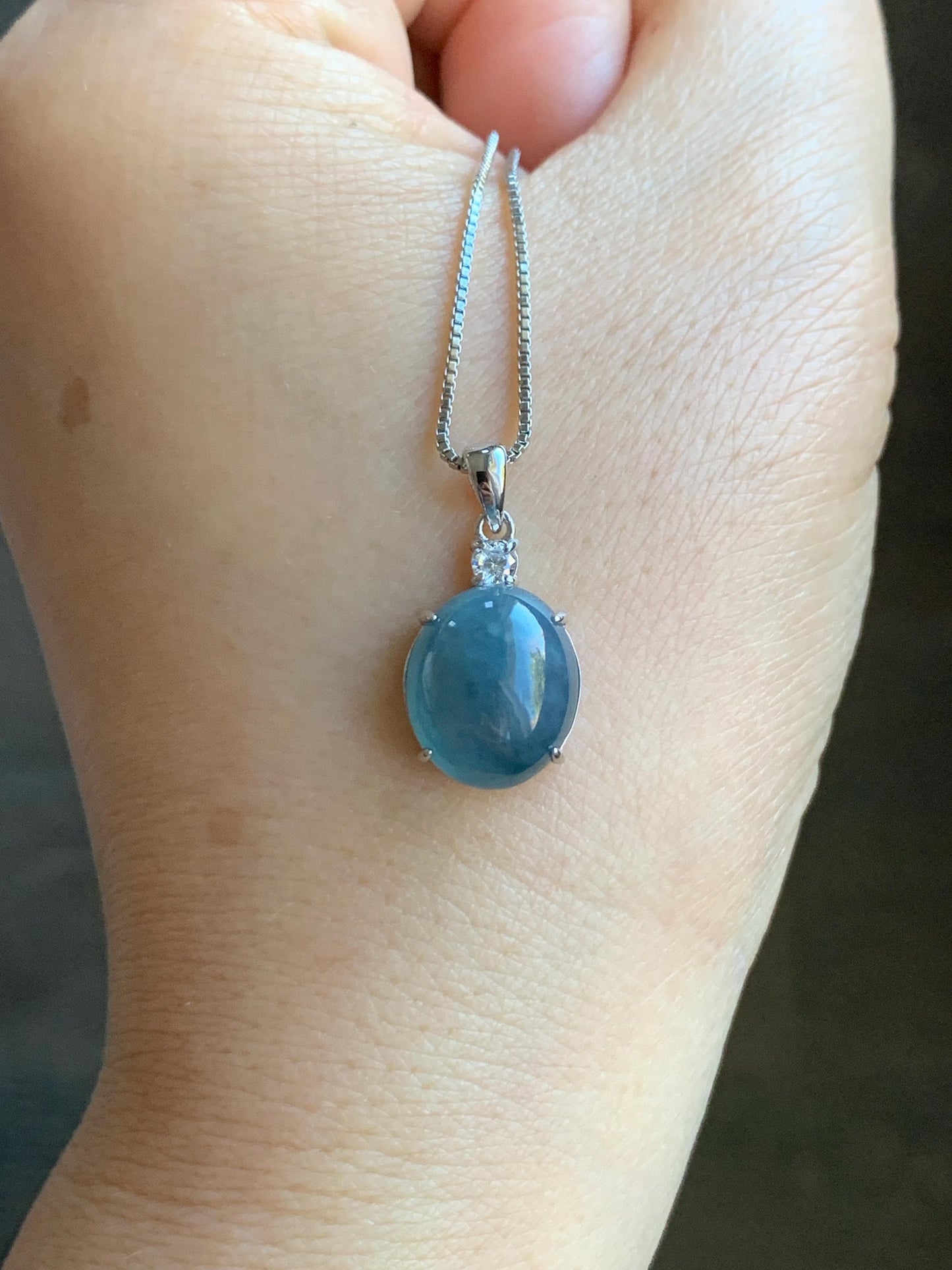 Natural Grade A Guatemalan Icy Translucent Dark Blue Jadeite Oval Cabochon Solitaire Pendant Sterling Silver 天然冰危蓝翡翠蛋面银镶吊坠 WLD88