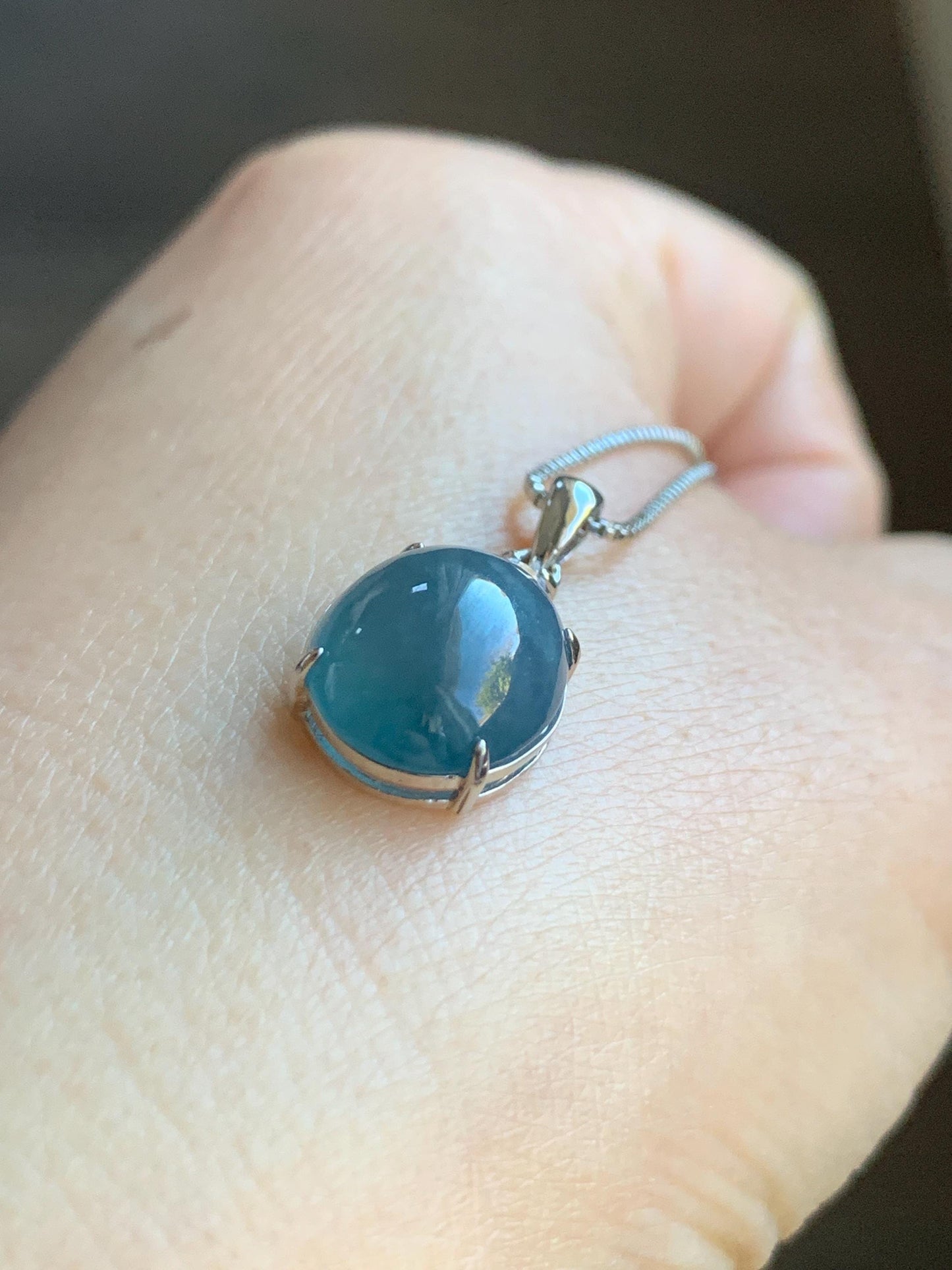 Natural Grade A Guatemalan Icy Translucent Dark Blue Jadeite Oval Cabochon Solitaire Pendant Sterling Silver 天然冰危蓝翡翠蛋面银镶吊坠 WLD88