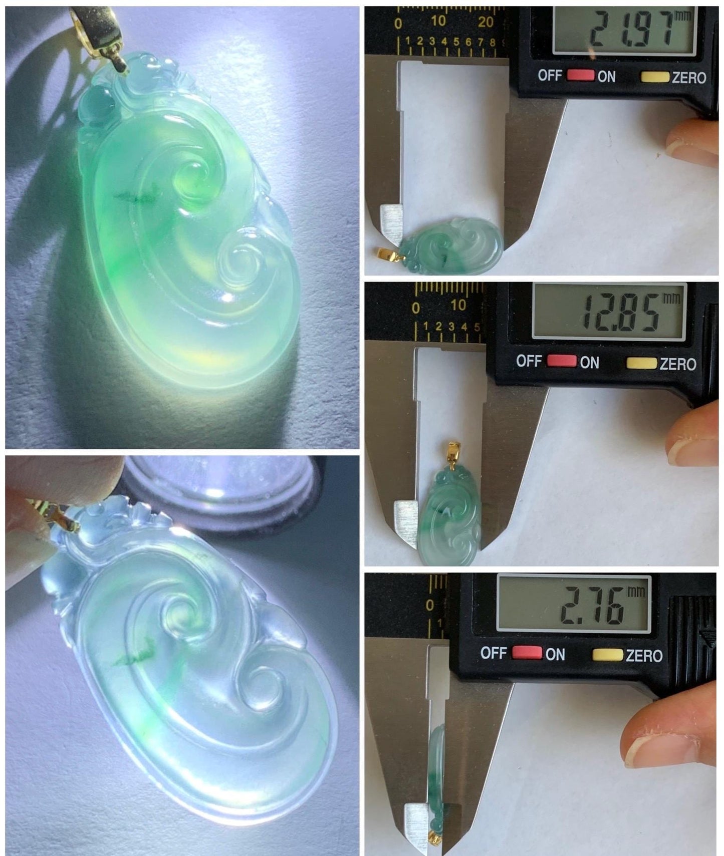 Natural Grade A Guatemalan Icy Highly Translucent Pale Blue & Green Marbled Jadeite Ruyi Pendant 18K Yellow Gold 天然老种冰危浅蓝绿起光翡翠如意镶嵌吊坠 A