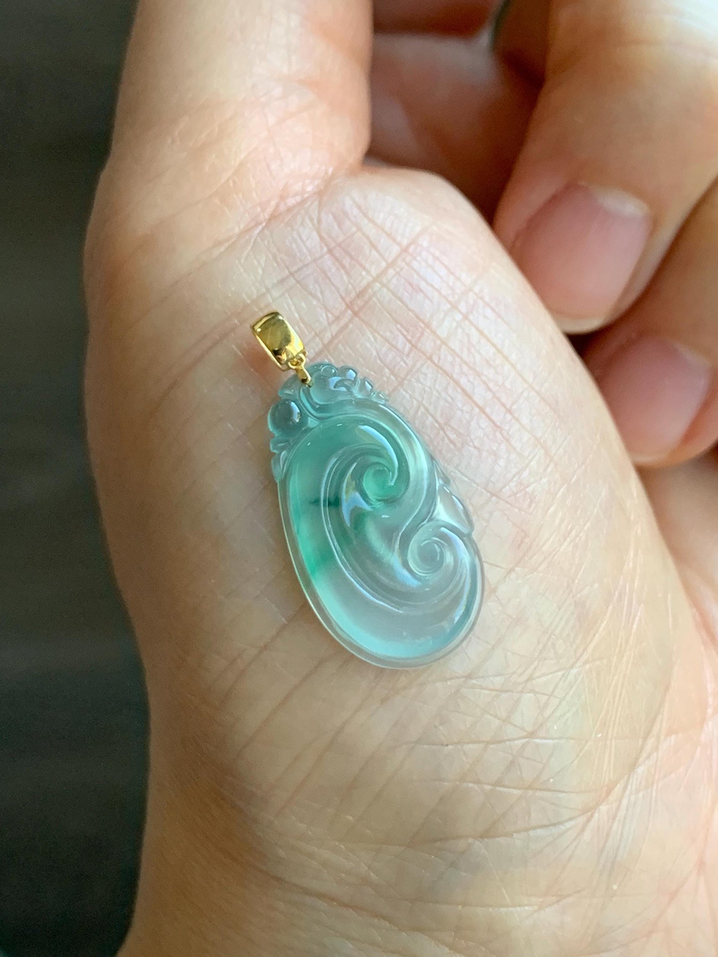 Natural Grade A Guatemalan Icy Highly Translucent Pale Blue & Green Marbled Jadeite Ruyi Pendant 18K Yellow Gold 天然老种冰危浅蓝绿起光翡翠如意镶嵌吊坠 A
