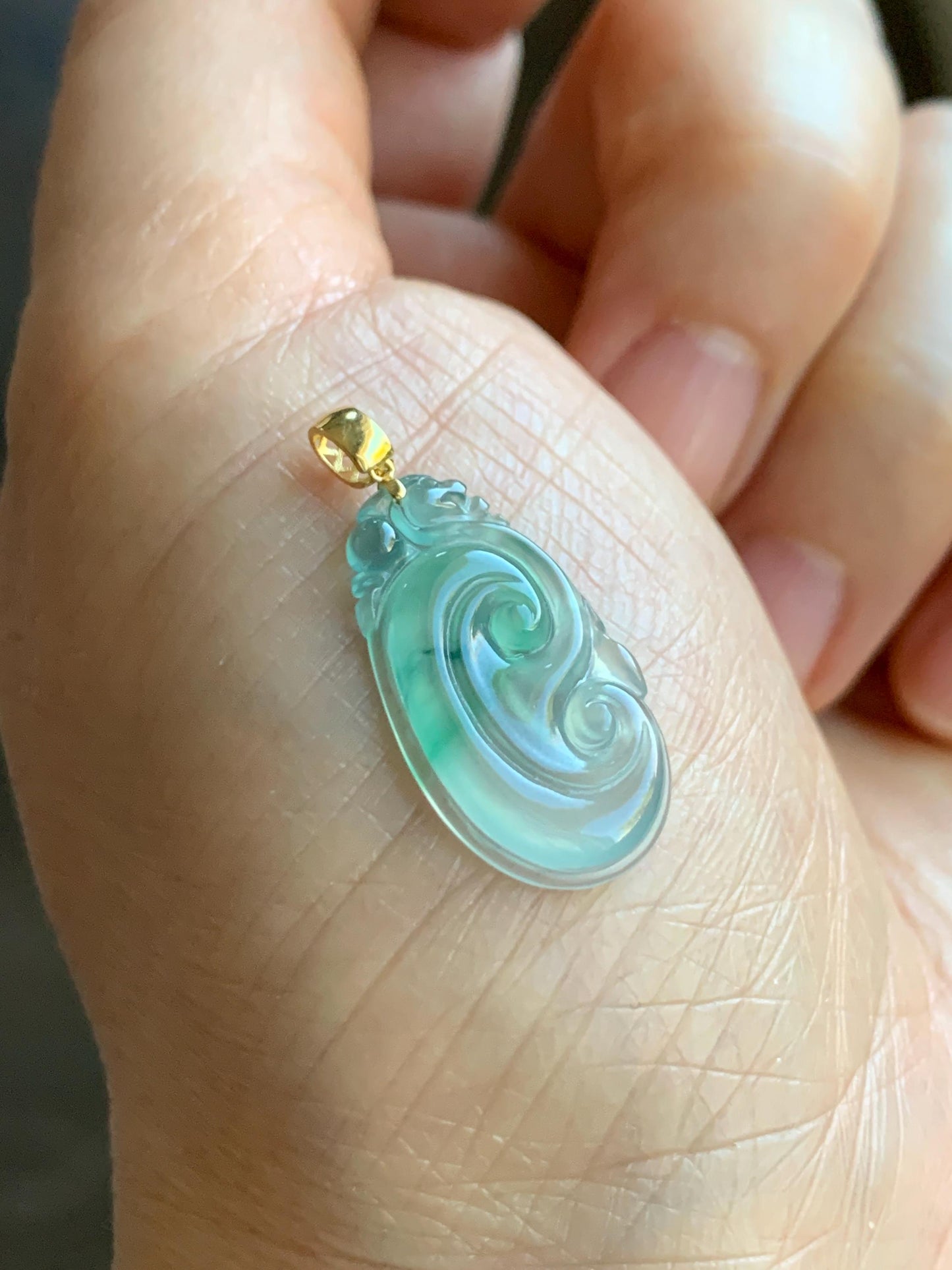 Natural Grade A Guatemalan Icy Highly Translucent Pale Blue & Green Marbled Jadeite Ruyi Pendant 18K Yellow Gold 天然老种冰危浅蓝绿起光翡翠如意镶嵌吊坠 A