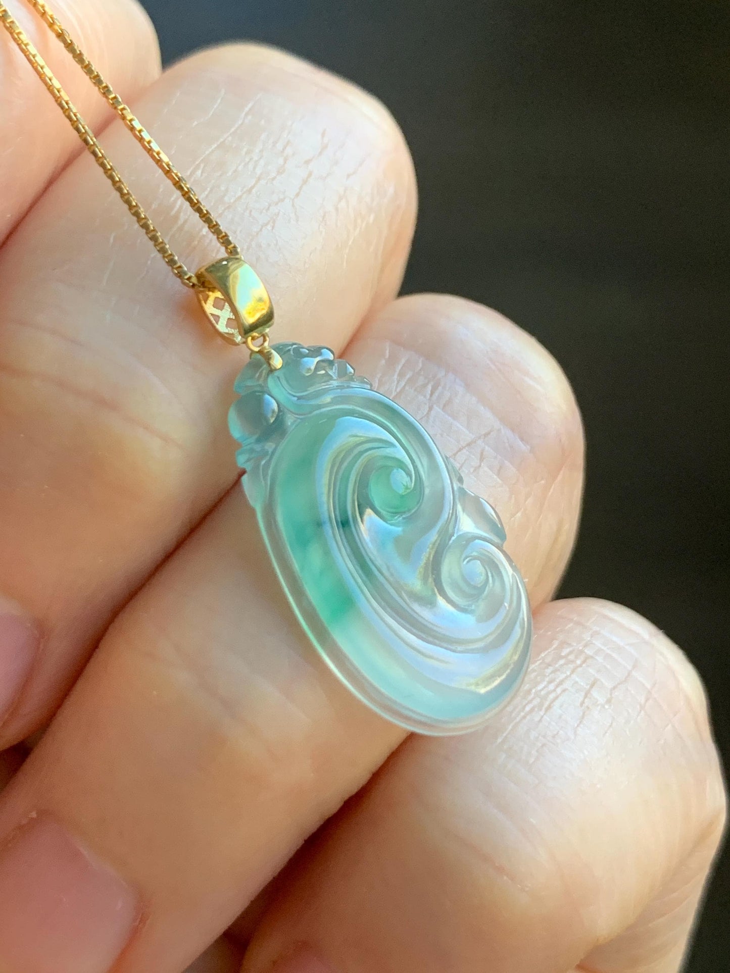 Natural Grade A Guatemalan Icy Highly Translucent Pale Blue & Green Marbled Jadeite Ruyi Pendant 18K Yellow Gold 天然老种冰危浅蓝绿起光翡翠如意镶嵌吊坠 A