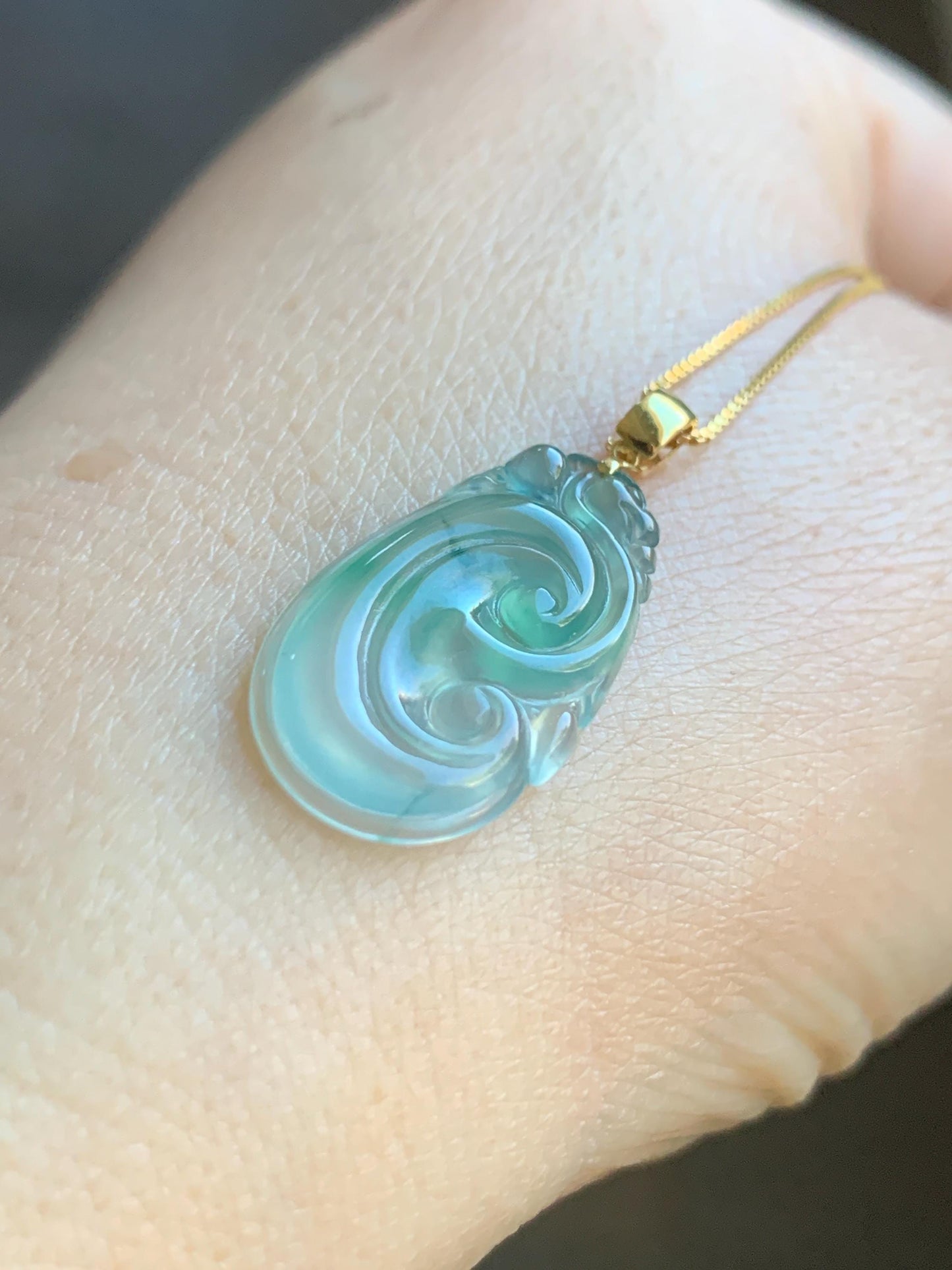 Natural Grade A Guatemalan Icy Highly Translucent Pale Blue & Green Marbled Jadeite Ruyi Pendant 18K Yellow Gold 天然老种冰危浅蓝绿起光翡翠如意镶嵌吊坠 A
