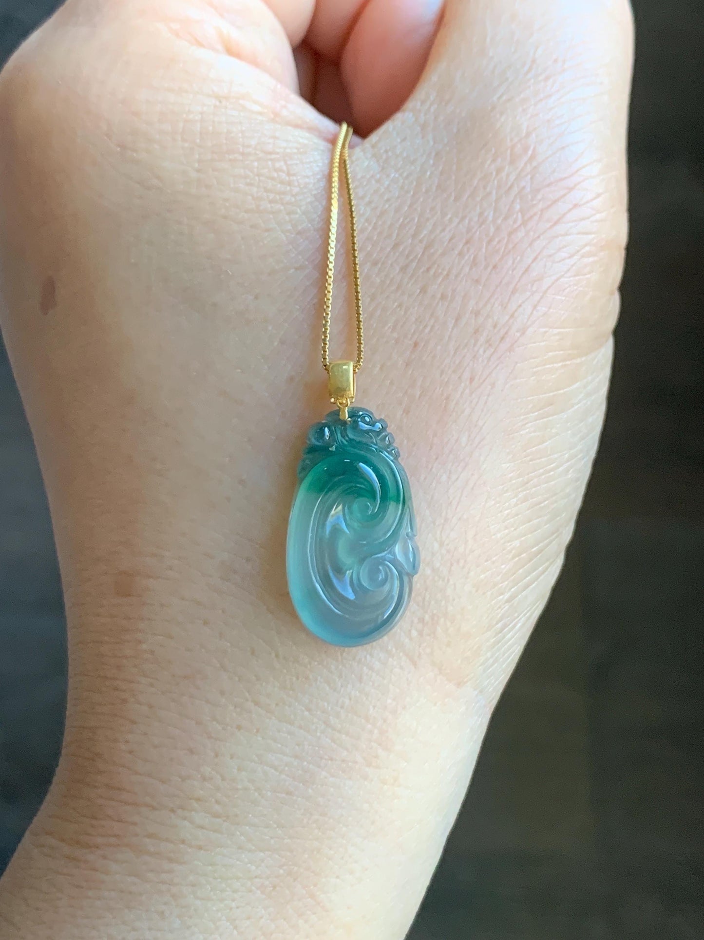 Natural Guatemalan Icy Highly Translucent Light Teal Blue & Green Marbled Jadeite Ruyi Pendant 18K Yellow Gold 天然老种冰危浅蓝飘绿起光翡翠如意镶嵌吊坠 C