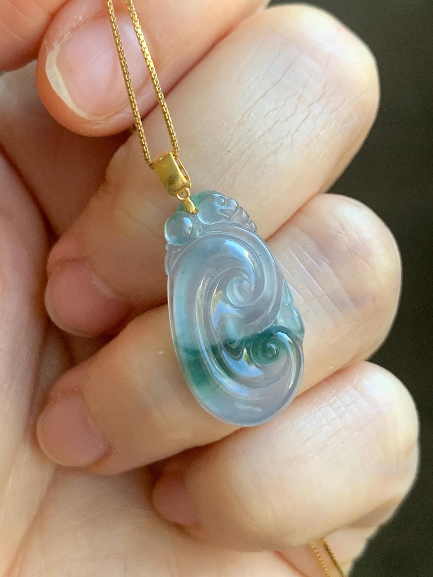 Natural Guatemalan Icy Highly Translucent Light Teal Blue & Green Marbled Jadeite Ruyi Pendant 18K Yellow Gold 天然老种冰危浅蓝飘绿起光翡翠如意镶嵌吊坠 F
