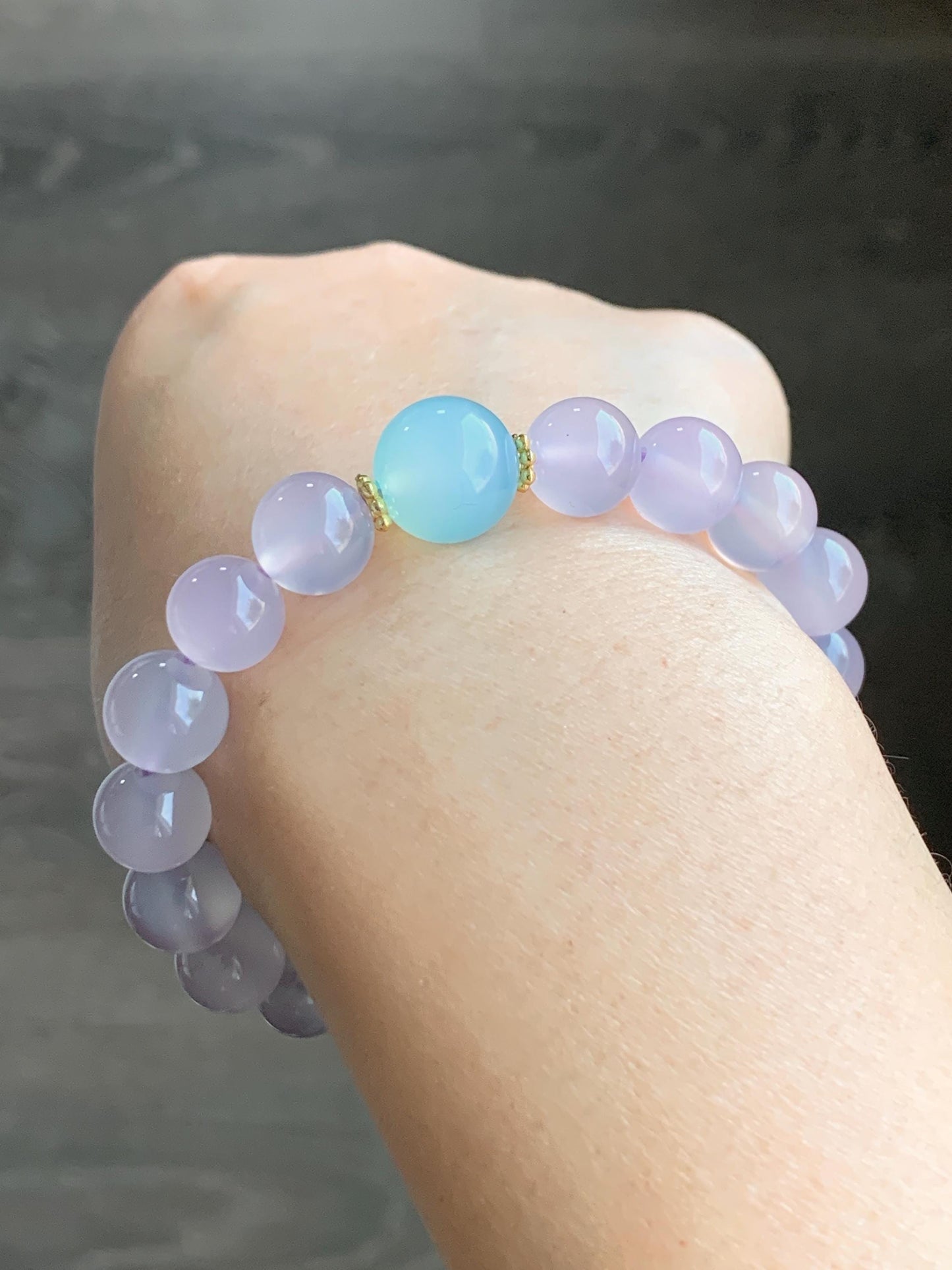 Natural Icy Highly Translucent Light Pinkish Purple Agate Large Beads & Sky Blue Agate Beaded Bracelet 10mm 27g 7.25” 天然高冰品质淡粉紫玛瑙圆珠手串
