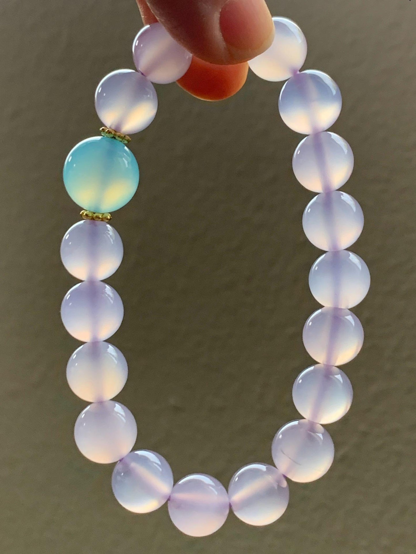Natural Icy Highly Translucent Light Pinkish Purple Agate Large Beads & Sky Blue Agate Beaded Bracelet 10mm 27g 7.25” 天然高冰品质淡粉紫玛瑙圆珠手串