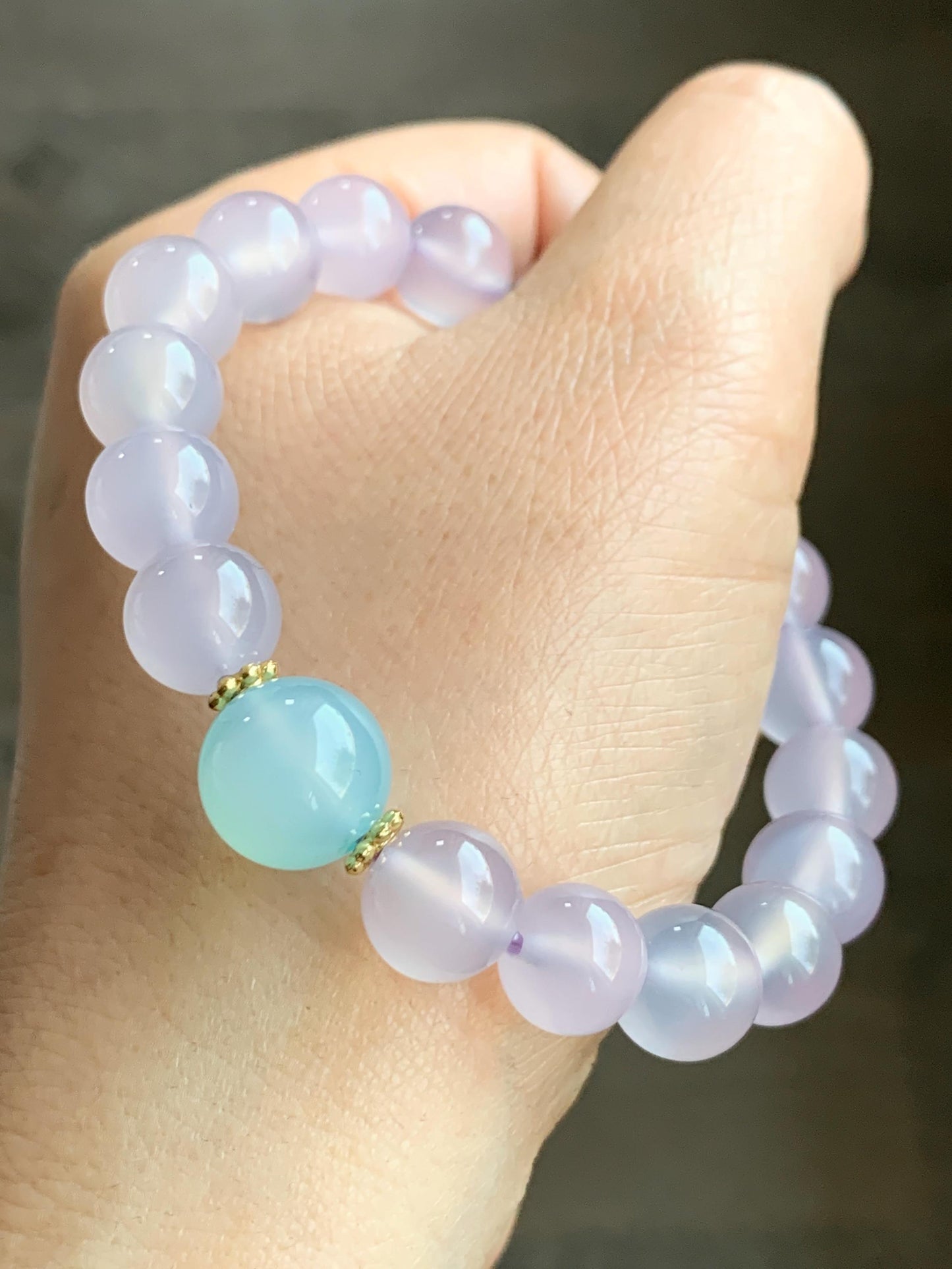 Natural Icy Highly Translucent Light Pinkish Purple Agate Large Beads & Sky Blue Agate Beaded Bracelet 10mm 27g 7.25” 天然高冰品质淡粉紫玛瑙圆珠手串