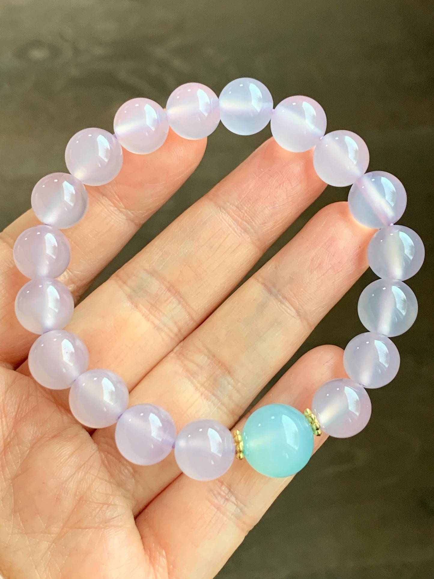 Natural Icy Highly Translucent Light Pinkish Purple Agate Large Beads & Sky Blue Agate Beaded Bracelet 10mm 27g 7.25” 天然高冰品质淡粉紫玛瑙圆珠手串