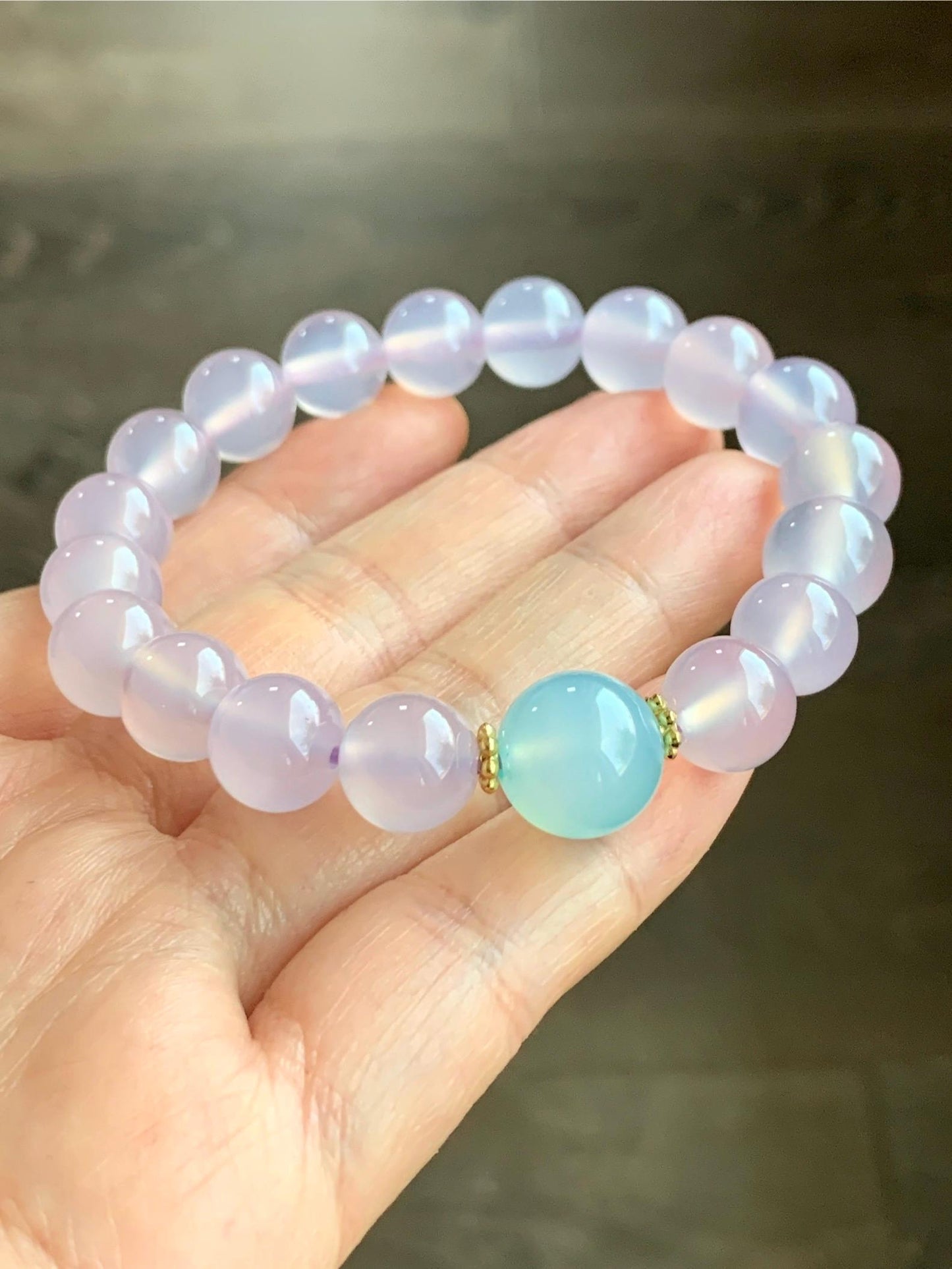 Natural Icy Highly Translucent Light Pinkish Purple Agate Large Beads & Sky Blue Agate Beaded Bracelet 10mm 27g 7.25” 天然高冰品质淡粉紫玛瑙圆珠手串