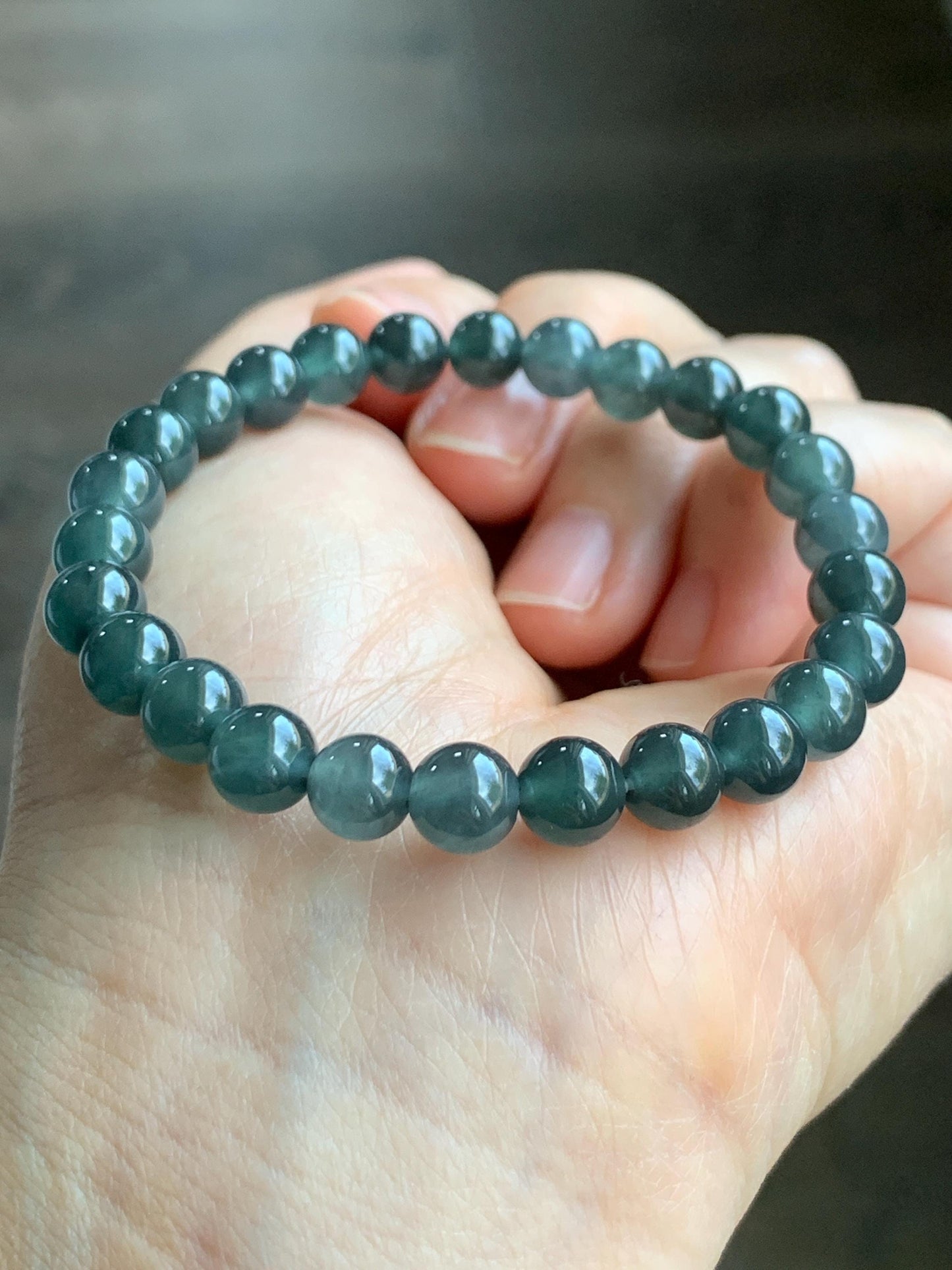 Natural Grade A Guatemalan Icy Translucent Gelatinous Dark Wuji Jadeite Beaded Bracelet Stretchy 6.75” 7mm 14g 天然冰胶危乌鸡翡翠圆珠手串 XWW110