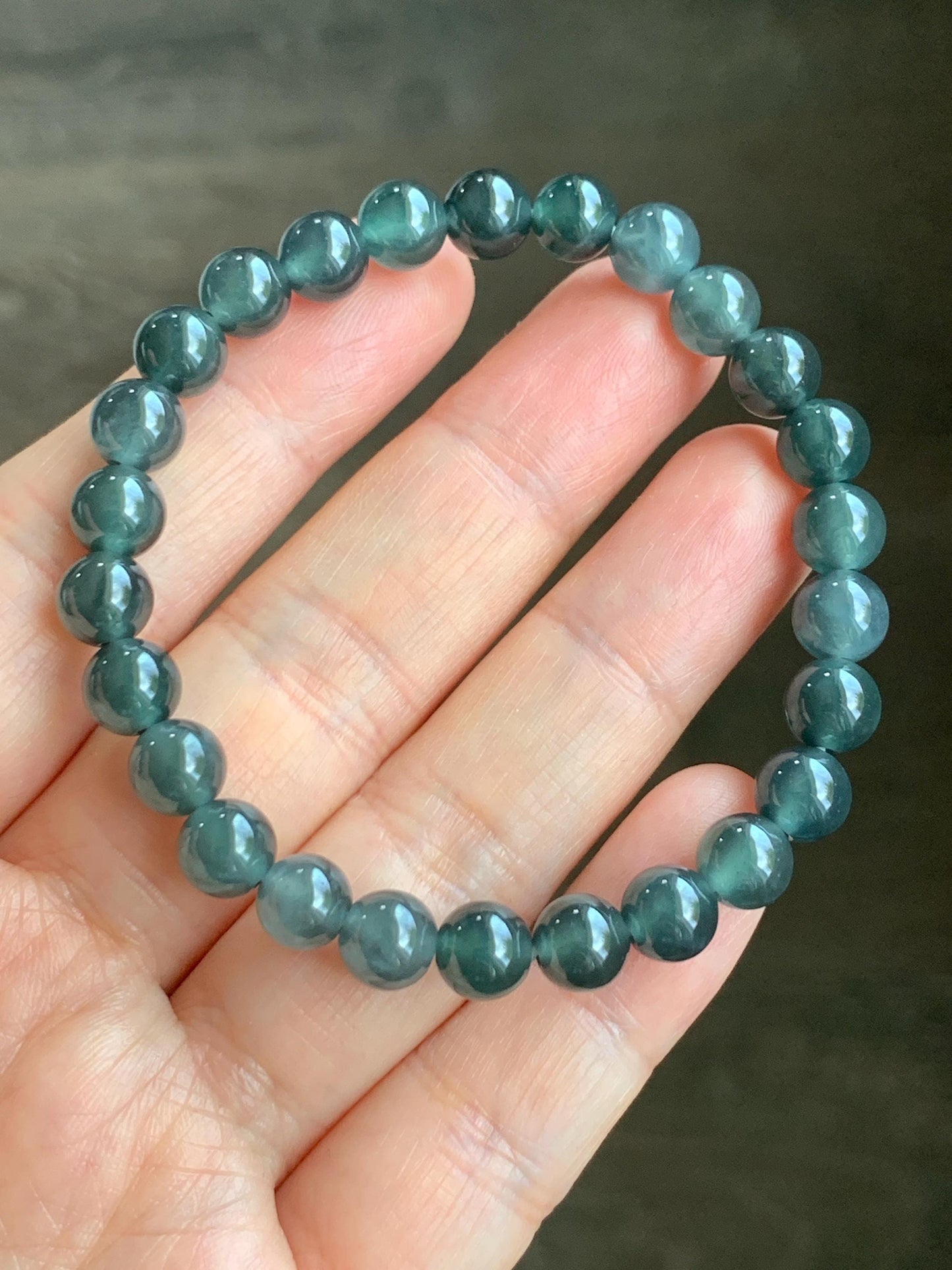 Natural Grade A Guatemalan Icy Translucent Gelatinous Dark Wuji Jadeite Beaded Bracelet Stretchy 6.75” 7mm 14g 天然冰胶危乌鸡翡翠圆珠手串 XWW110