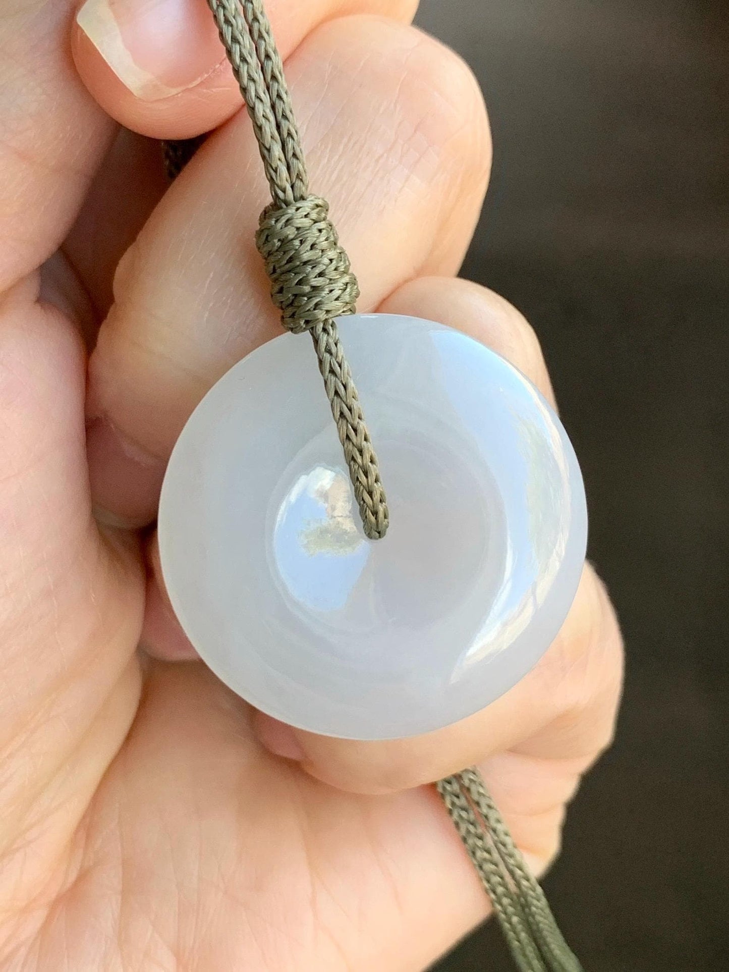 Natural Grade A Icy Translucent Gelatinous White Jadeite Large Ping An Kou Donut Pendant Rope Necklace