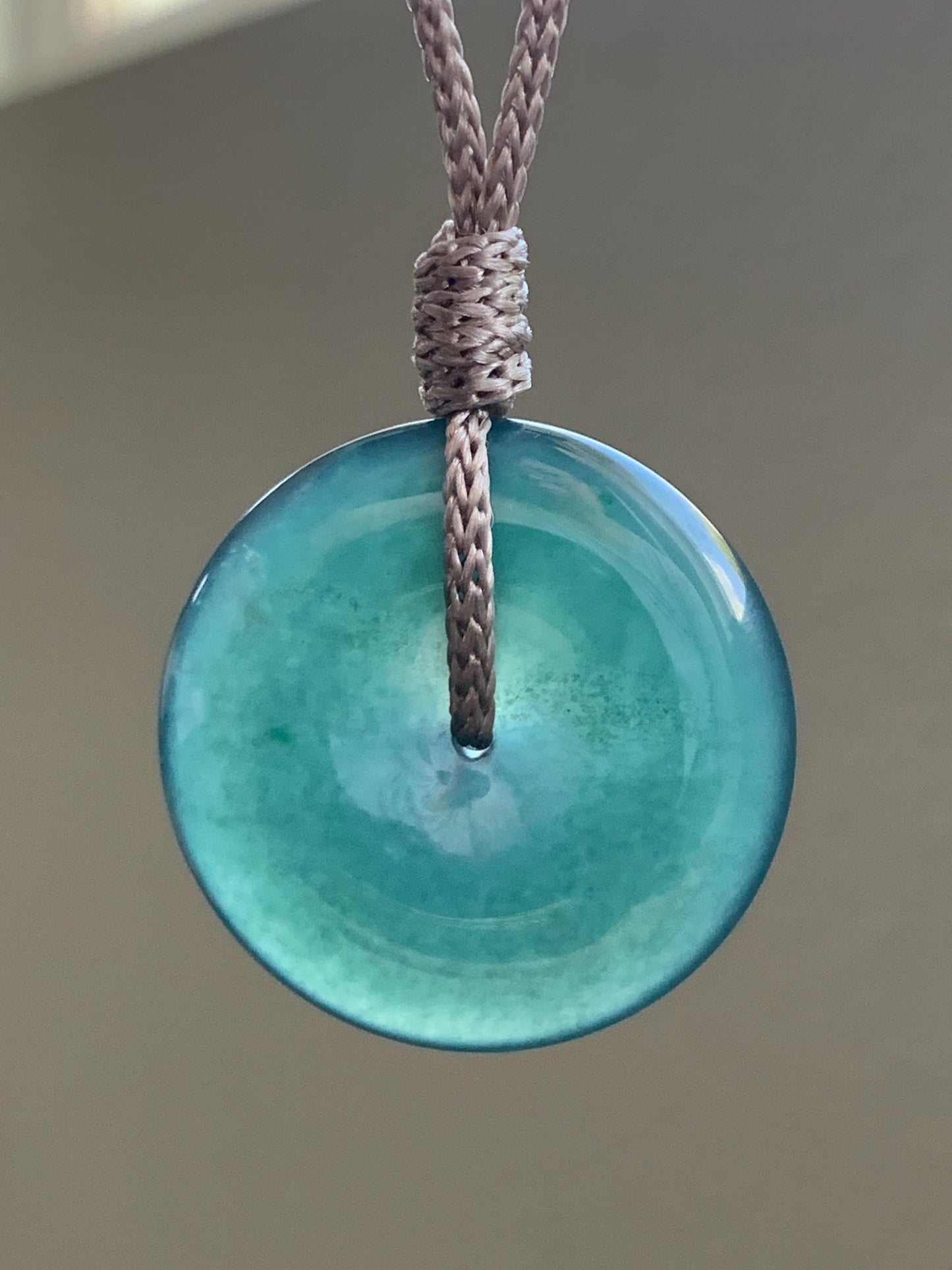 Natural Grade A Guatemalan Icy Translucent Deep Teal Green Jadeite Large Ping An Kou Donut Pendant Rope Necklace