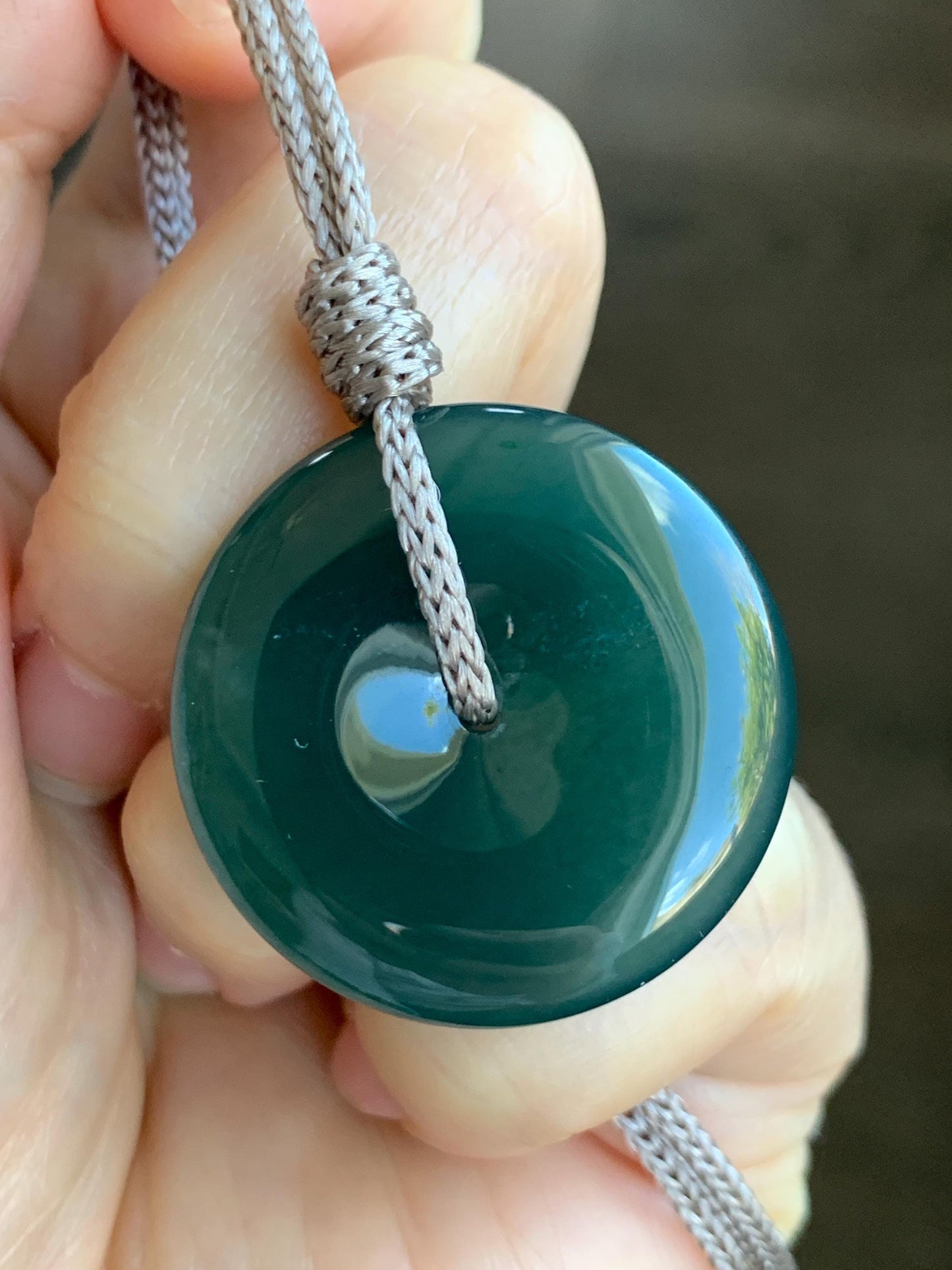 Natural Grade A Guatemalan Icy Translucent Deep Teal Green Jadeite Large Ping An Kou Donut Pendant Rope Necklace