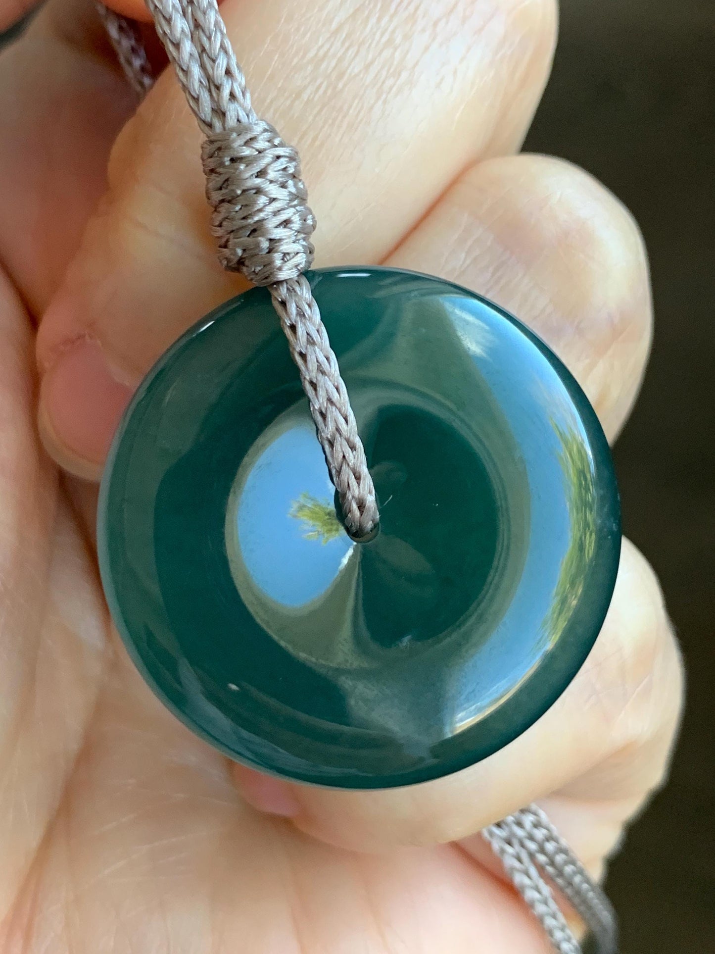 Natural Grade A Guatemalan Icy Translucent Deep Teal Green Jadeite Large Ping An Kou Donut Pendant Rope Necklace