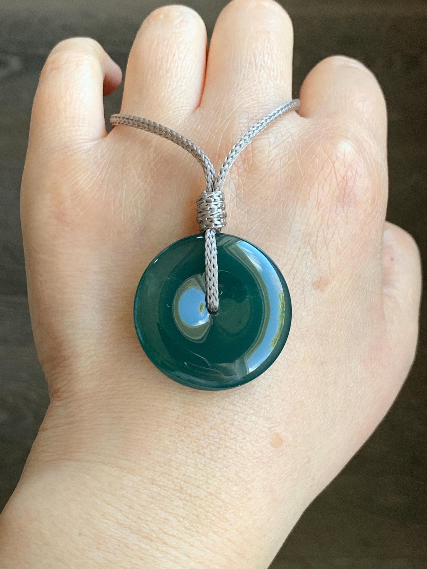 Natural Grade A Guatemalan Icy Translucent Deep Teal Green Jadeite Large Ping An Kou Donut Pendant Rope Necklace