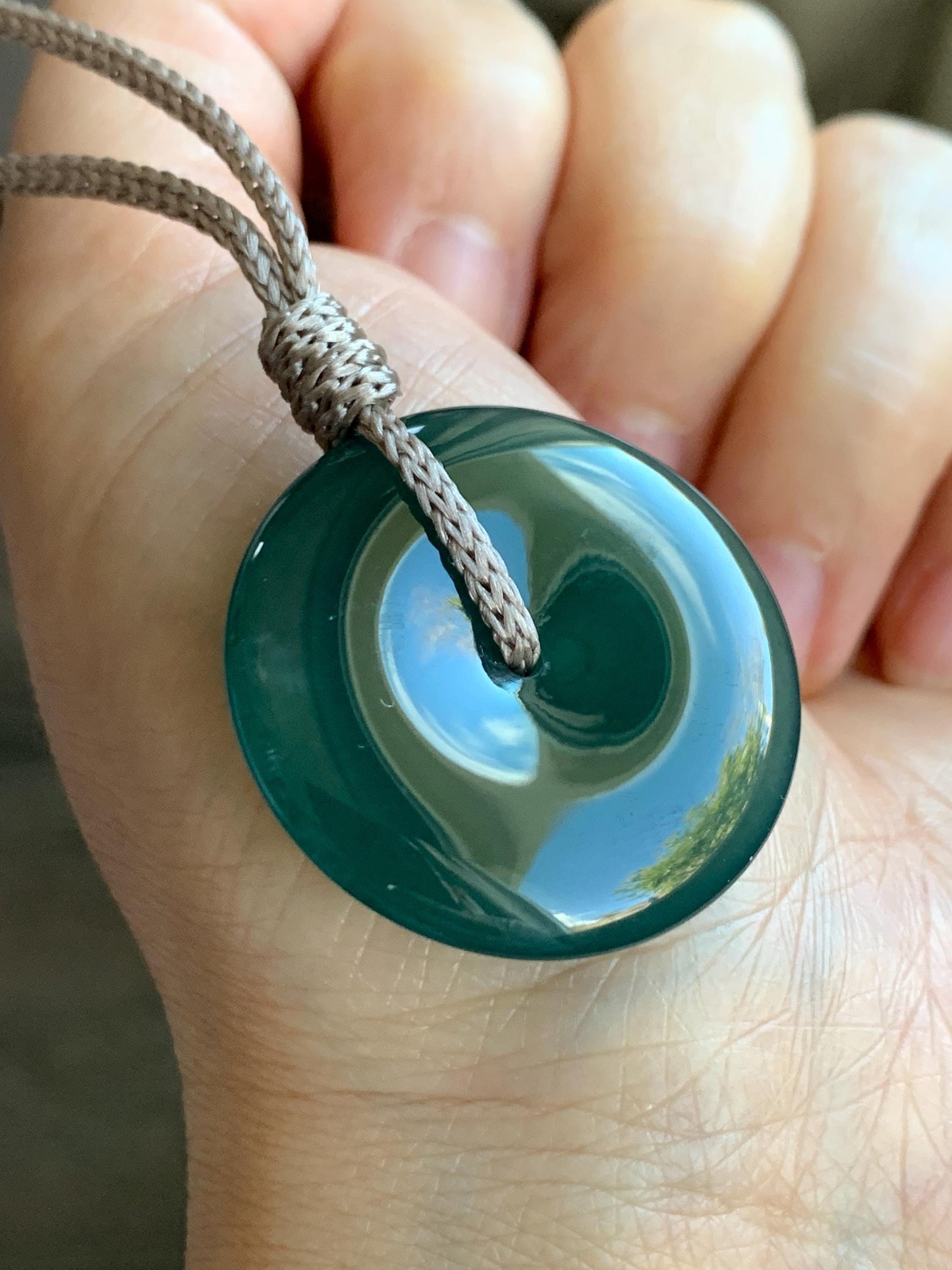 Natural Grade A Guatemalan Icy Translucent Deep Teal Green Jadeite Large Ping An Kou Donut Pendant Rope Necklace