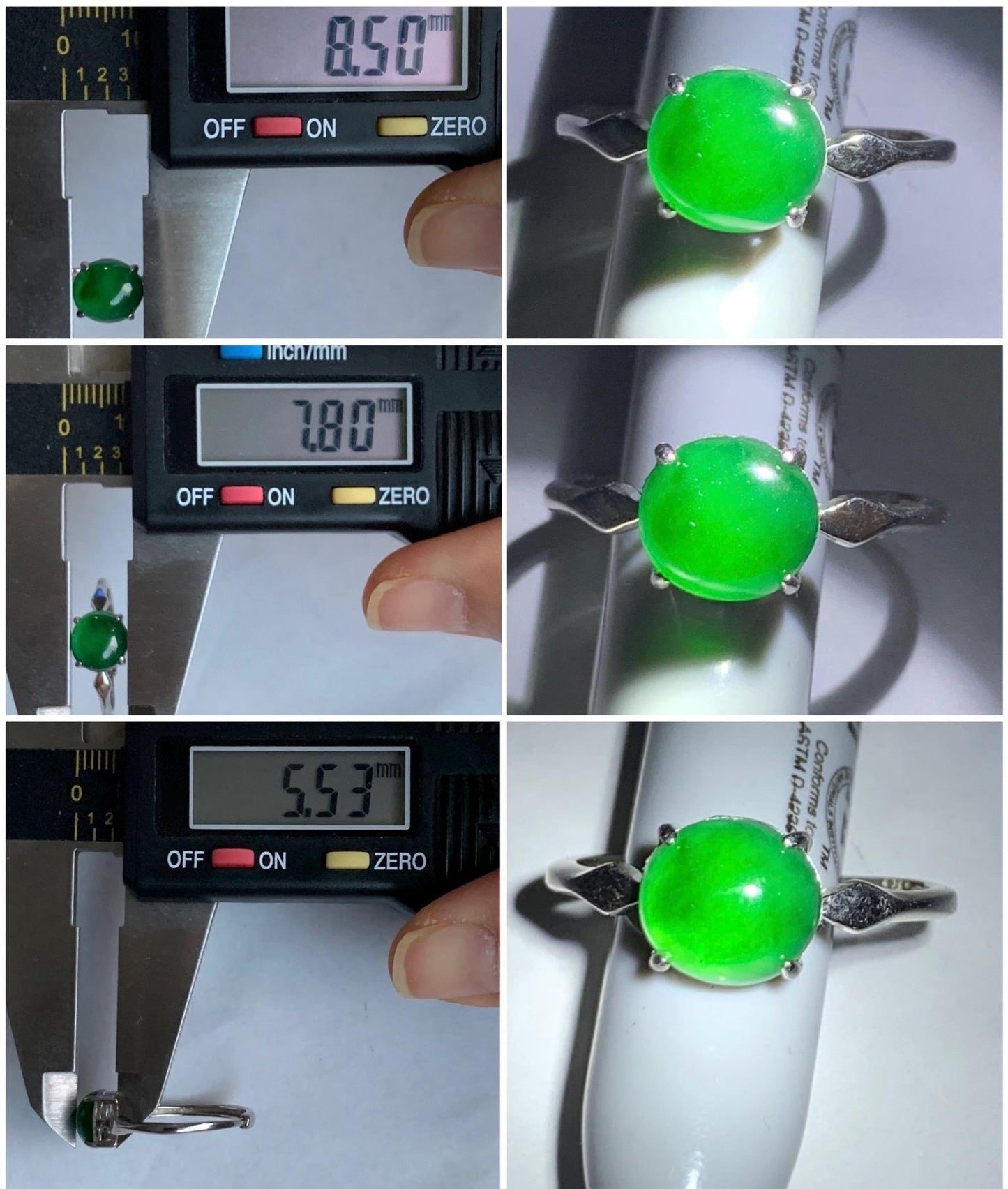 Natural Guatemalan Icy Translucent Vibrant Green Jadeite Oval Cabochon Solitaire Ring Sterling Silver Size 7 Adjustable 天然冰危绿翡翠银镶戒指 SLE68