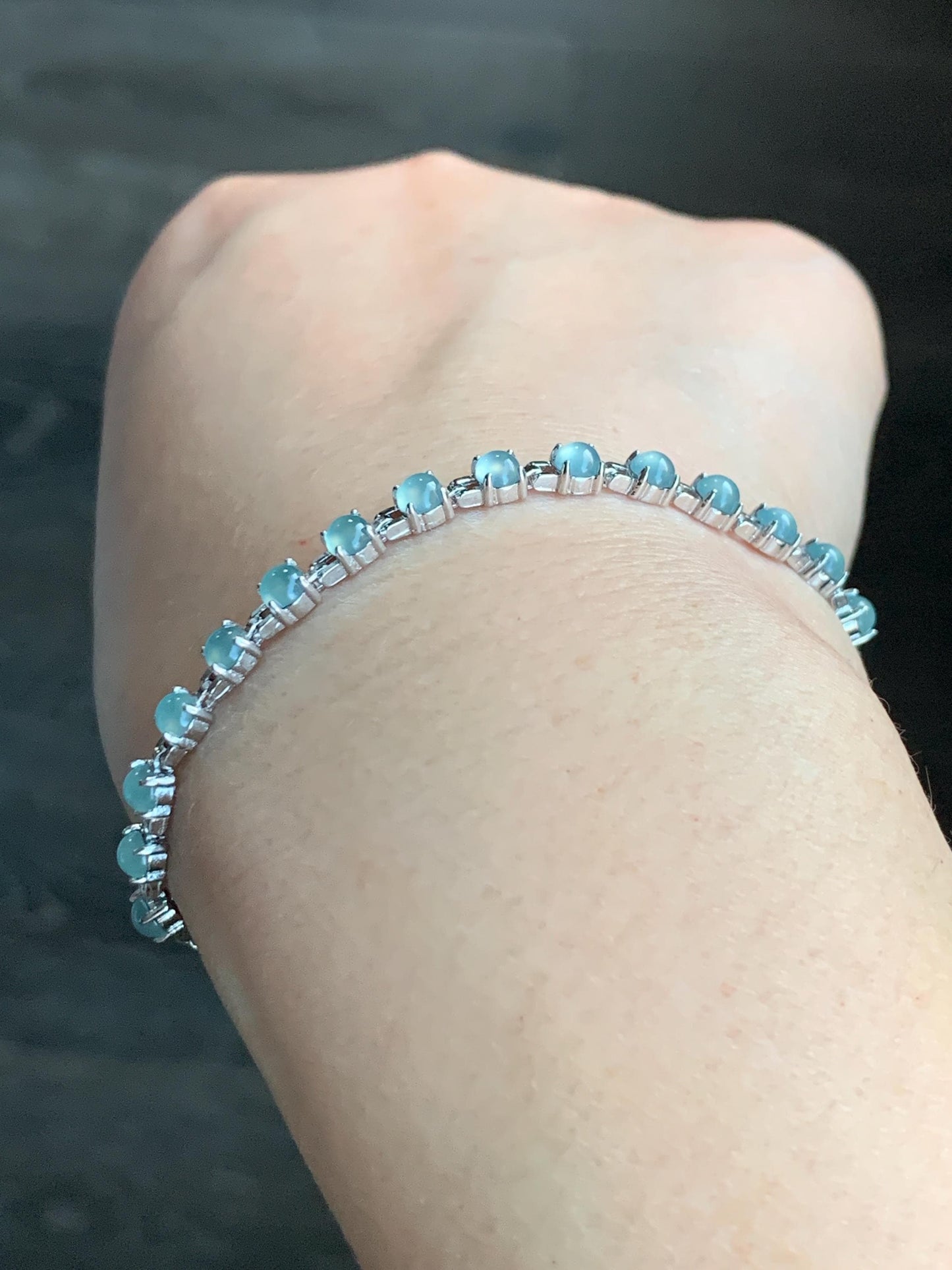 Natural Guatemalan Grade A Icy Highly Translucent Light Blue Jadeite Link Chain Style Bracelet Sterling Silver 6.25”-7.5” 4g 天然冰危浅蓝起光翡翠银镶手链