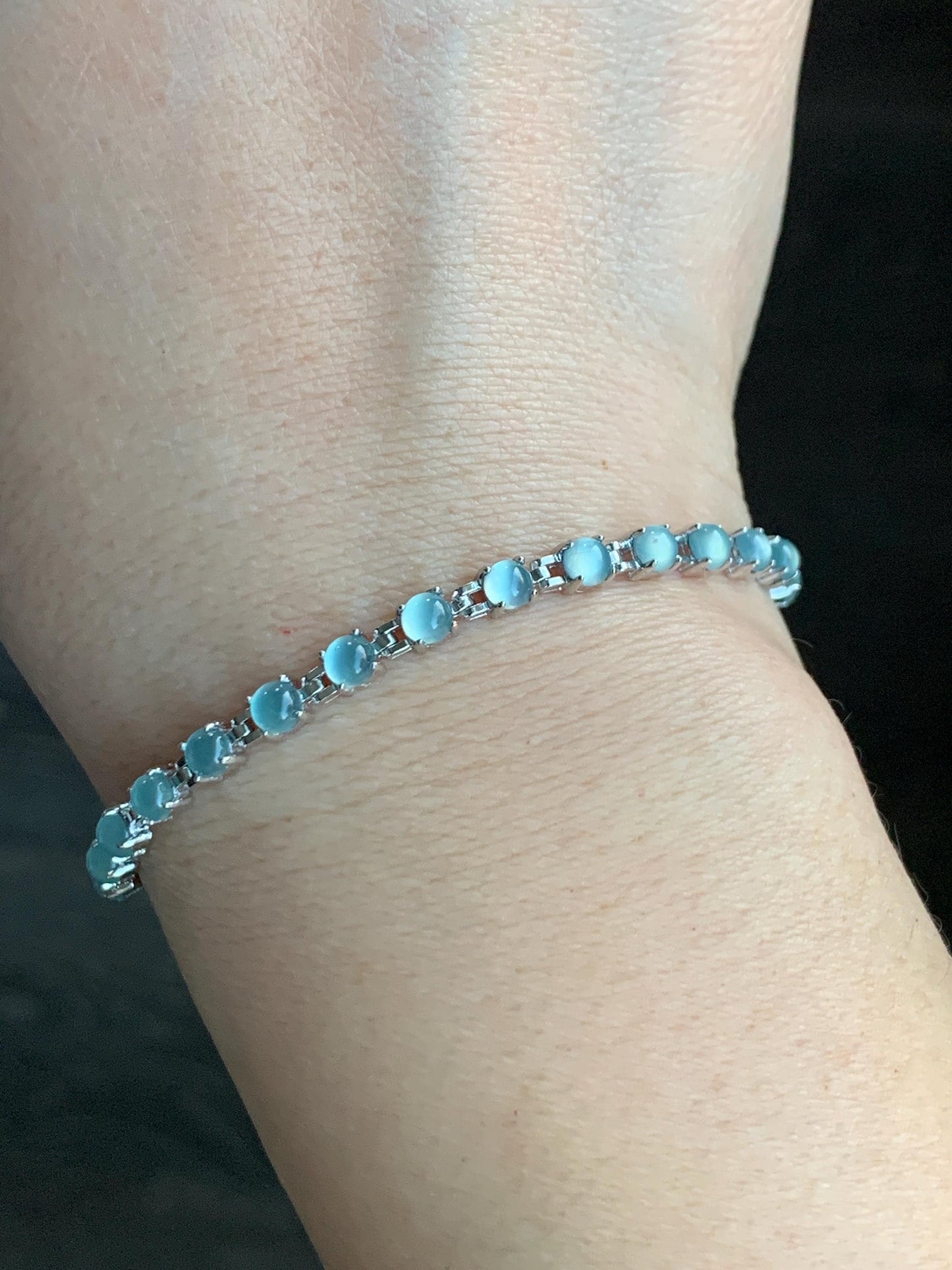 Natural Guatemalan Grade A Icy Highly Translucent Light Blue Jadeite Link Chain Style Bracelet Sterling Silver 6.25”-7.5” 4g 天然冰危浅蓝起光翡翠银镶手链