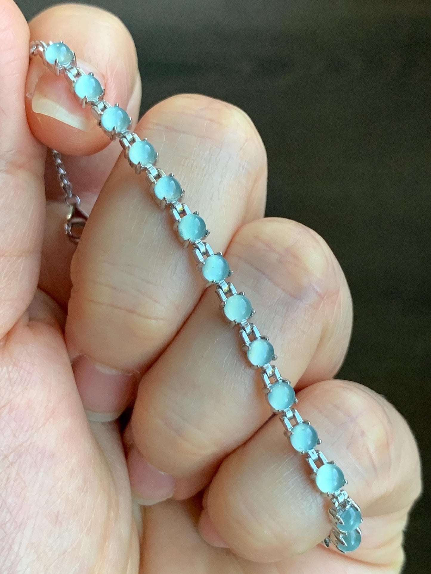 Natural Guatemalan Grade A Icy Highly Translucent Light Blue Jadeite Link Chain Style Bracelet Sterling Silver 6.25”-7.5” 4g 天然冰危浅蓝起光翡翠银镶手链