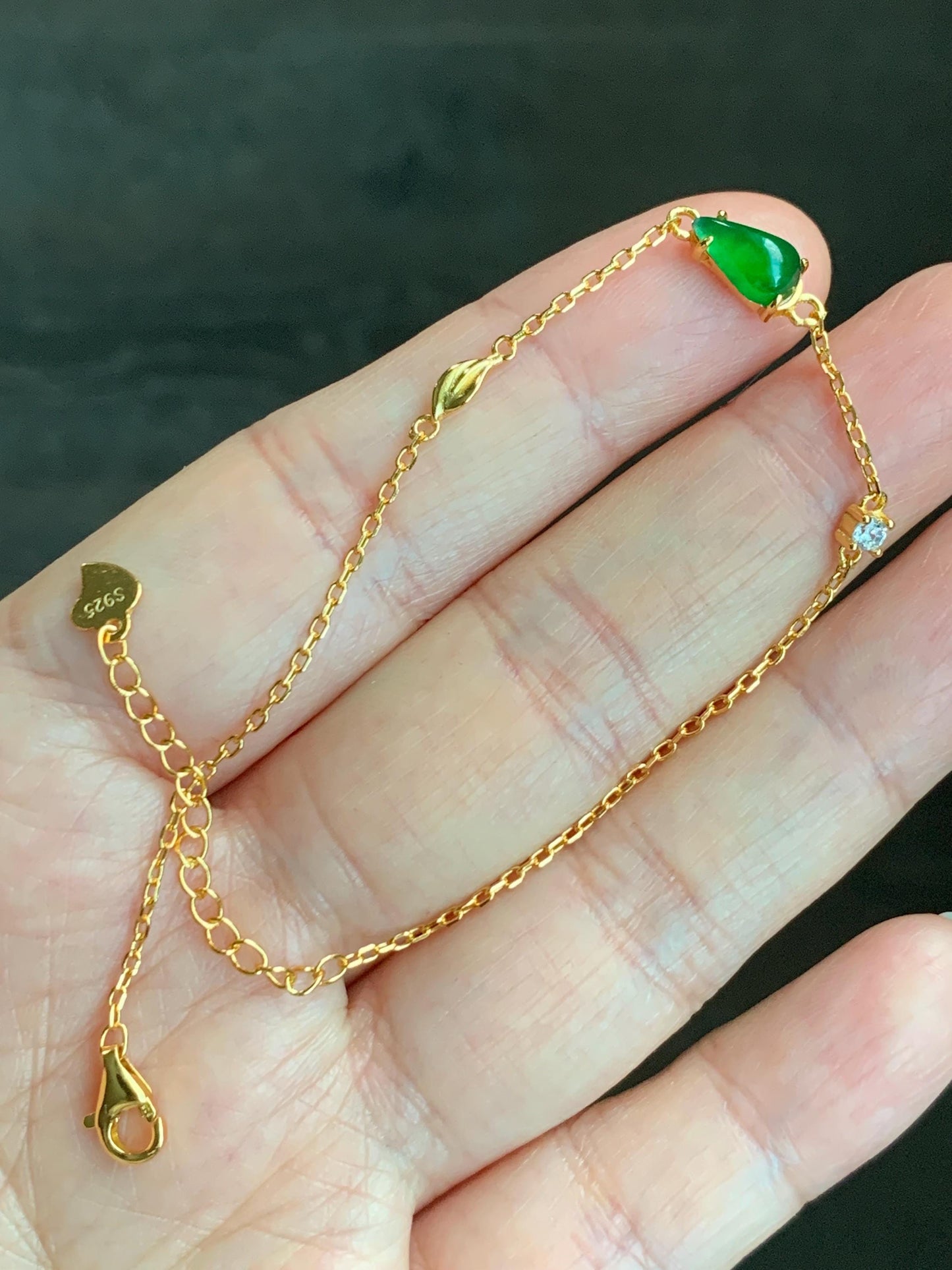Natural Grade A Guatemalan Icy Translucent Vibrant Green Jadeite Teardrop Cabochon Chain Bracelet Sterling Silver 6.25"-7.5" 天然冰危绿翡翠水滴银手链