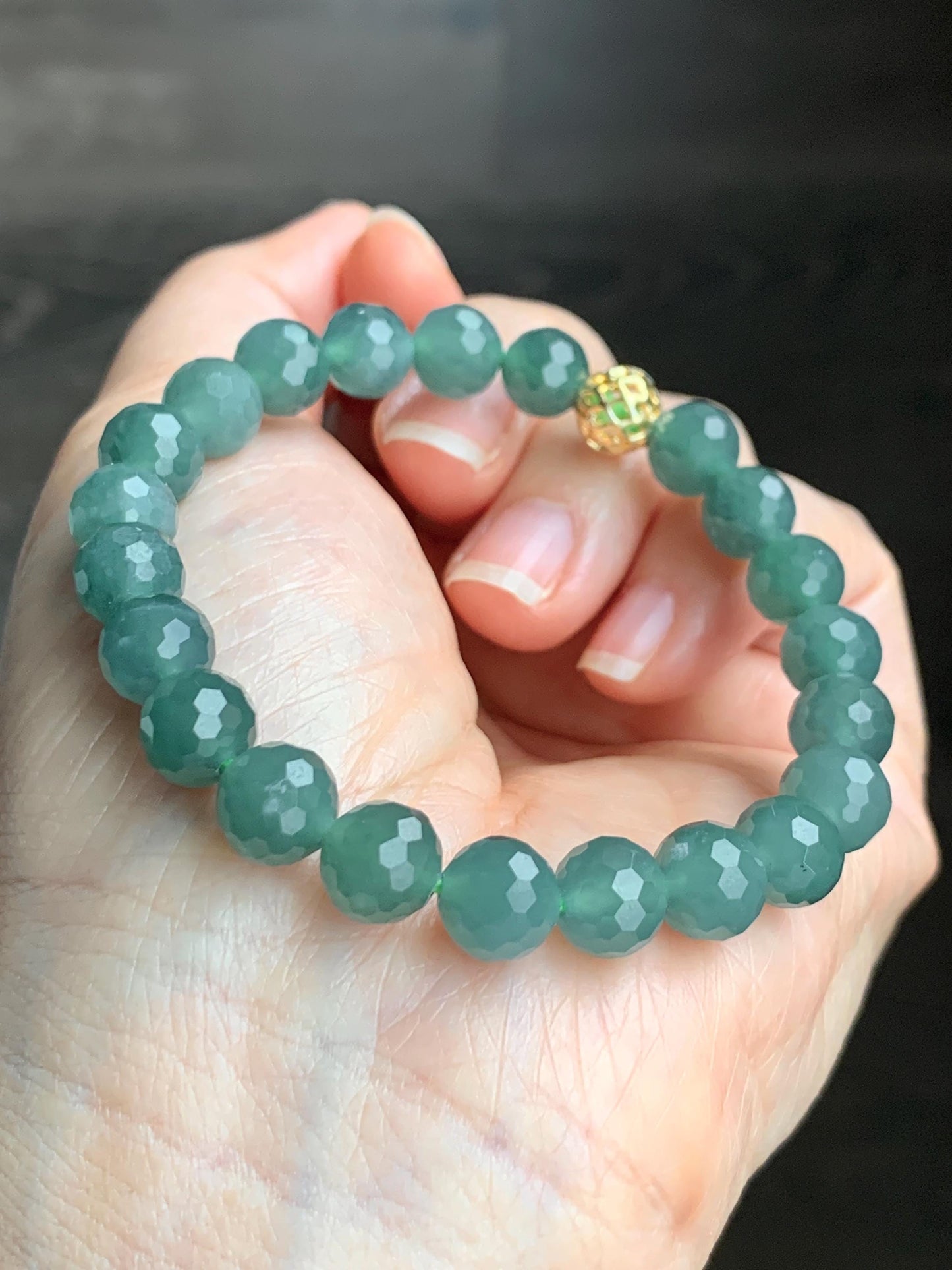 Natural Guatemalan Grade A Icy Translucent Dusty Teal Green Faceted Jadeite Beaded Bracelet Stretchy 8mm 6.75" 20g 天然冰危暗绿翡翠切割面圆珠手串 QGL138