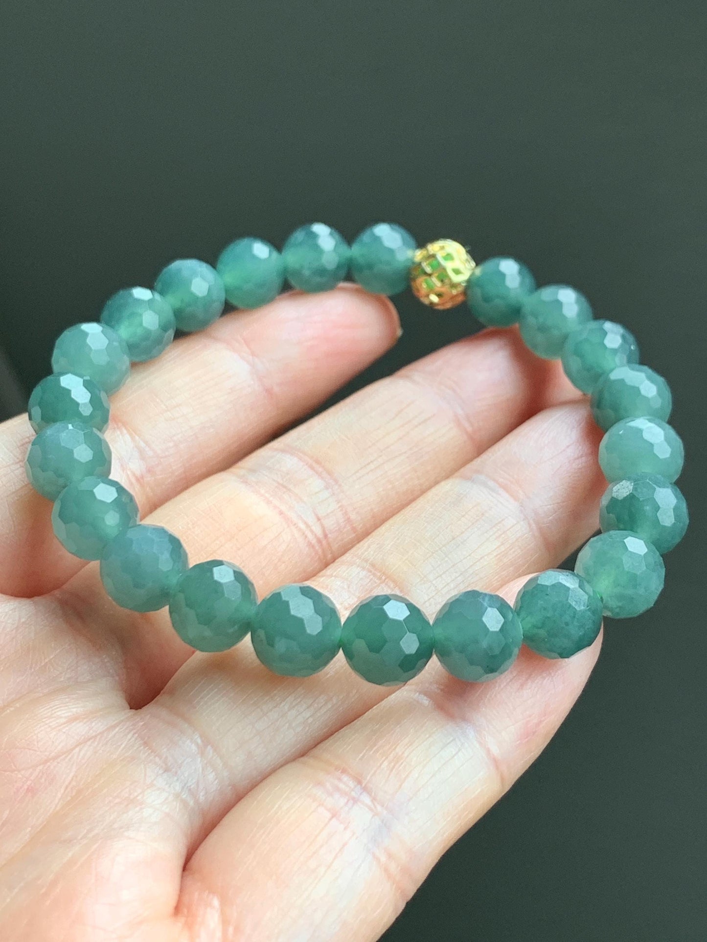 Natural Guatemalan Grade A Icy Translucent Dusty Teal Green Faceted Jadeite Beaded Bracelet Stretchy 8mm 6.75" 20g 天然冰危暗绿翡翠切割面圆珠手串 QGL138
