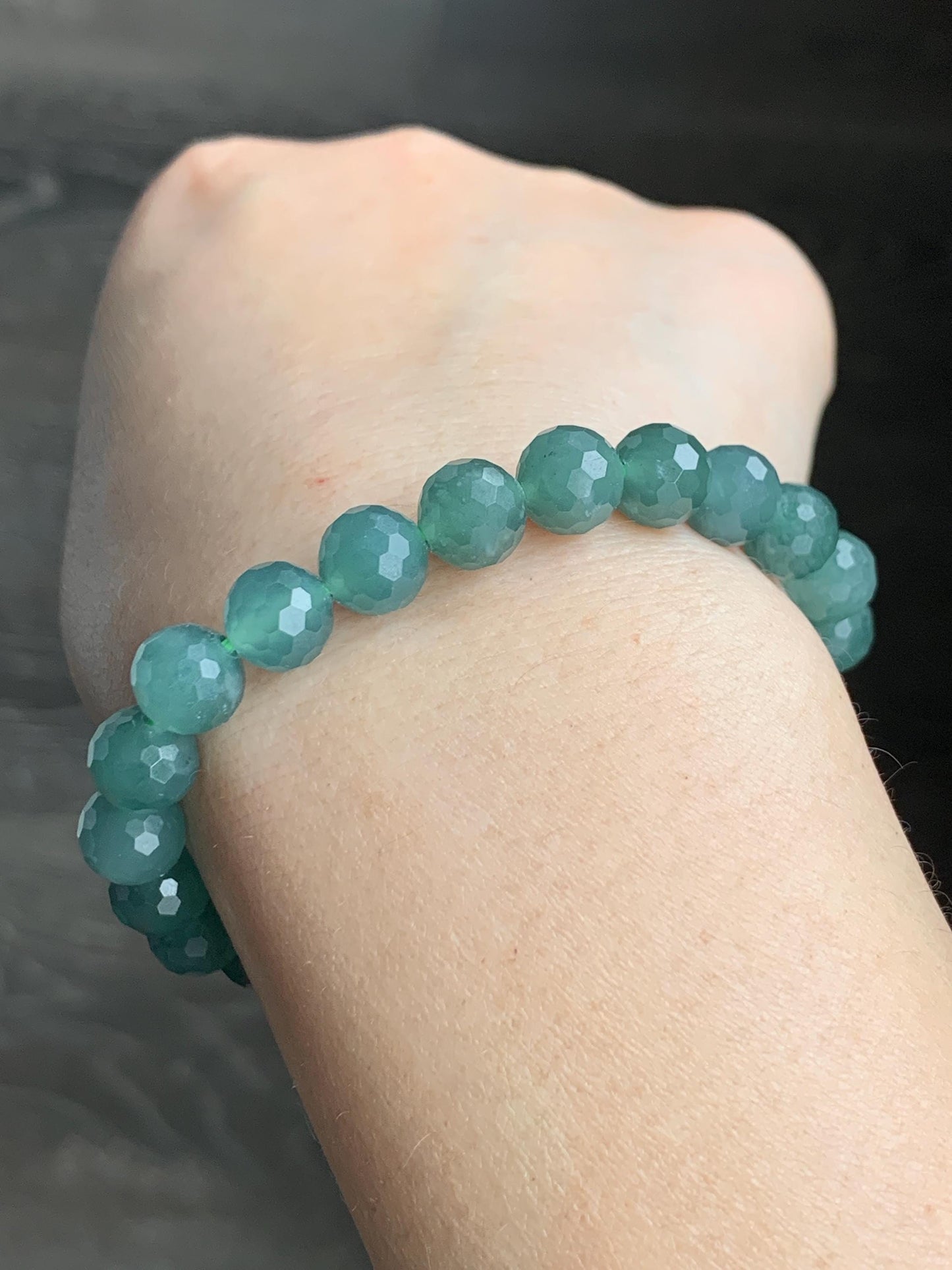 Natural Guatemalan Grade A Icy Translucent Dusty Teal Green Faceted Jadeite Beaded Bracelet Stretchy 8mm 6.75" 20g 天然冰危暗绿翡翠切割面圆珠手串 QGL138