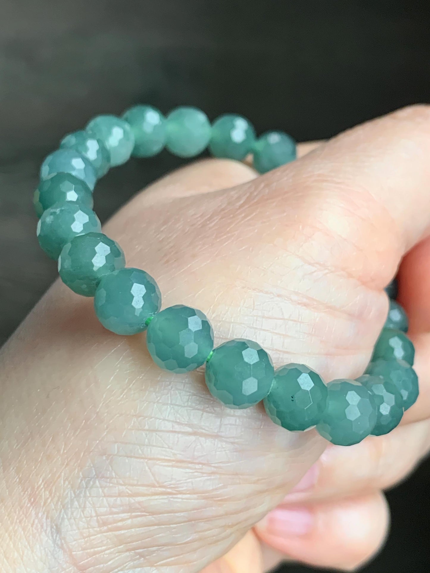 Natural Guatemalan Grade A Icy Translucent Dusty Teal Green Faceted Jadeite Beaded Bracelet Stretchy 8mm 6.75" 20g 天然冰危暗绿翡翠切割面圆珠手串 QGL138